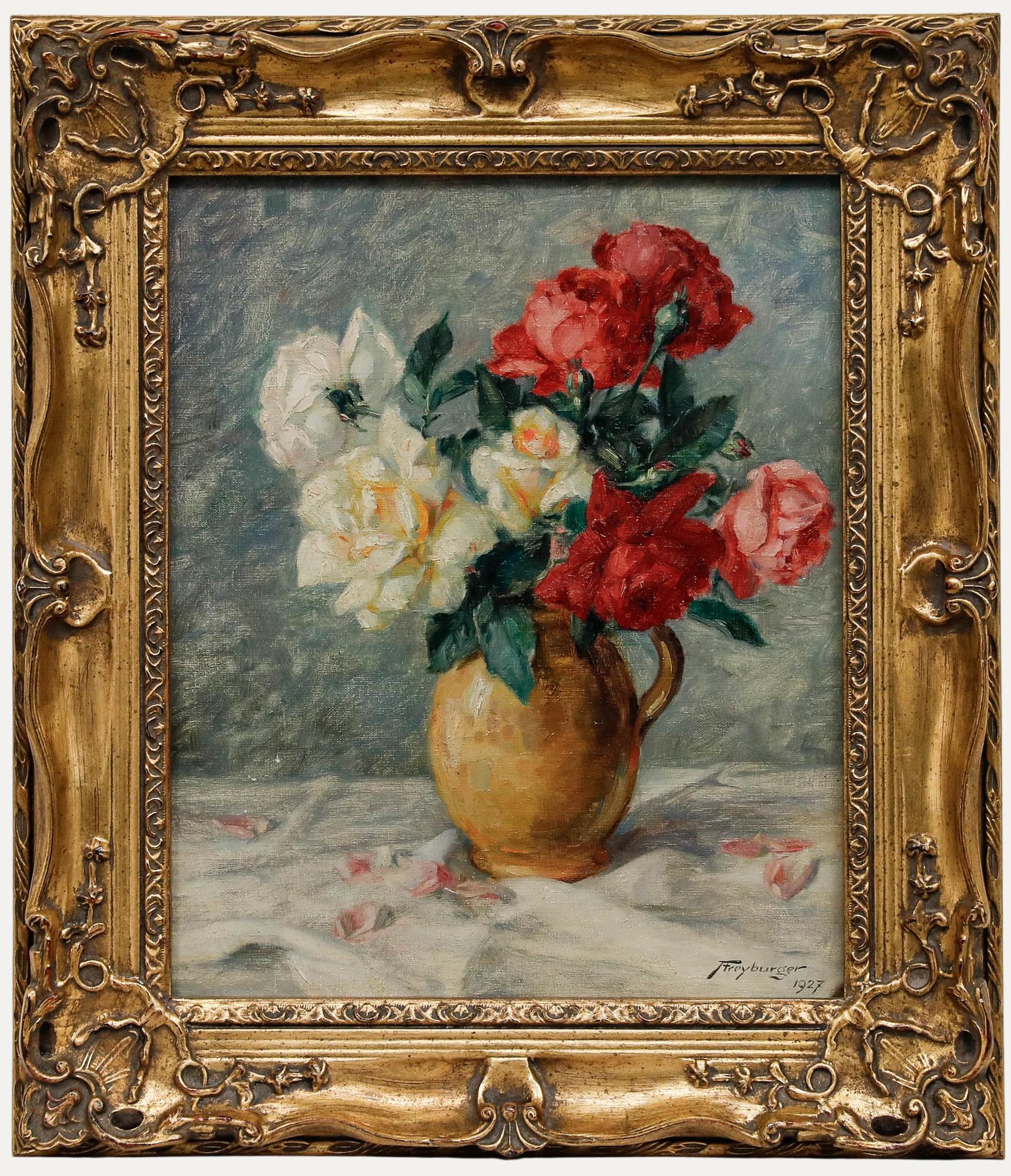 Aloyse Freyburger (1897-1990) - Huile encadrée de 1927, Nature morte aux roses