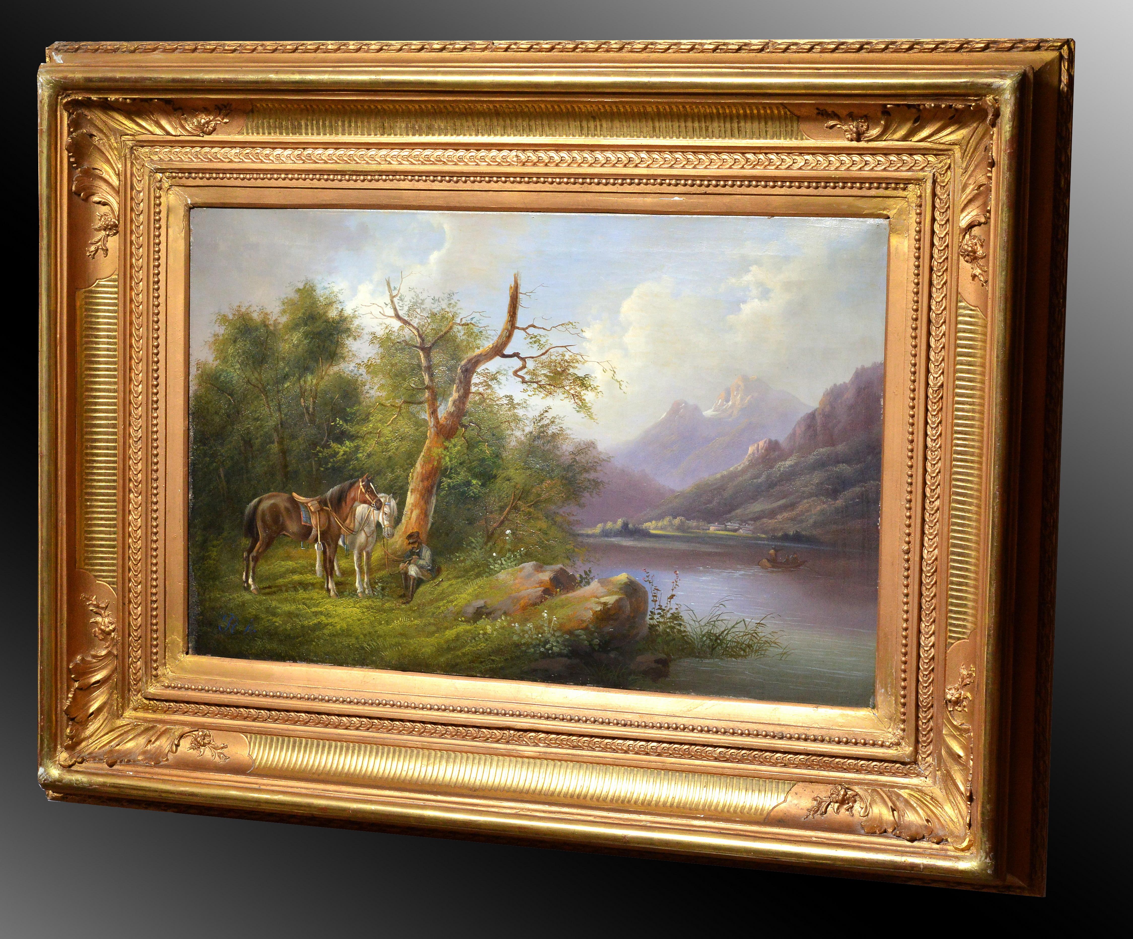 Alpine landscape Horseman halt at mountain lake 19th century Oil painting Signed - Painting by Unknown