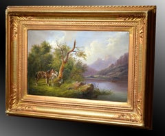 Alpine landscape Horseman halt at mountain lake 19th century Oil painting Signed