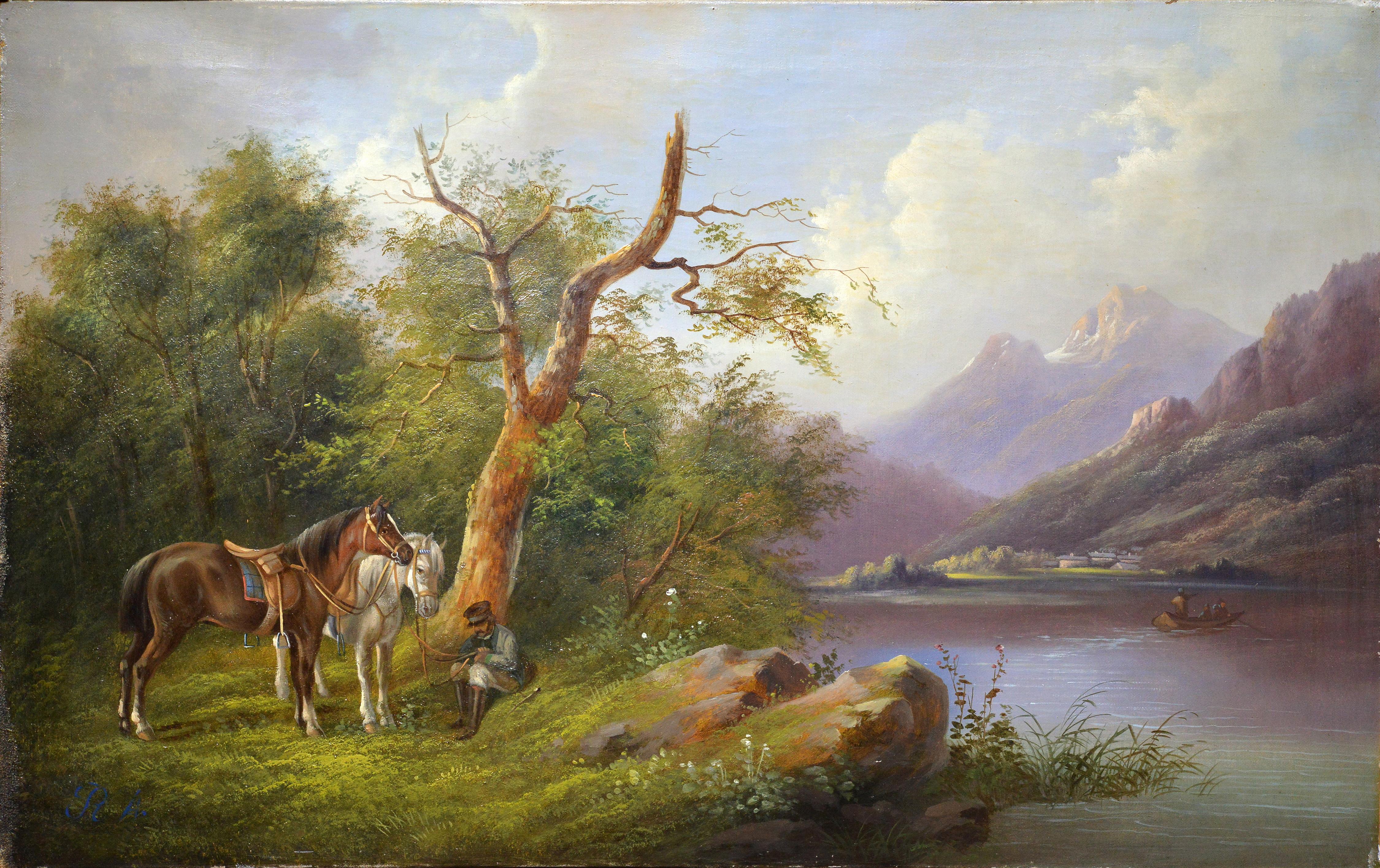 Alpine landscape Horseman halt at mountain lake 19th century Oil painting Signed - Realist Painting by Unknown