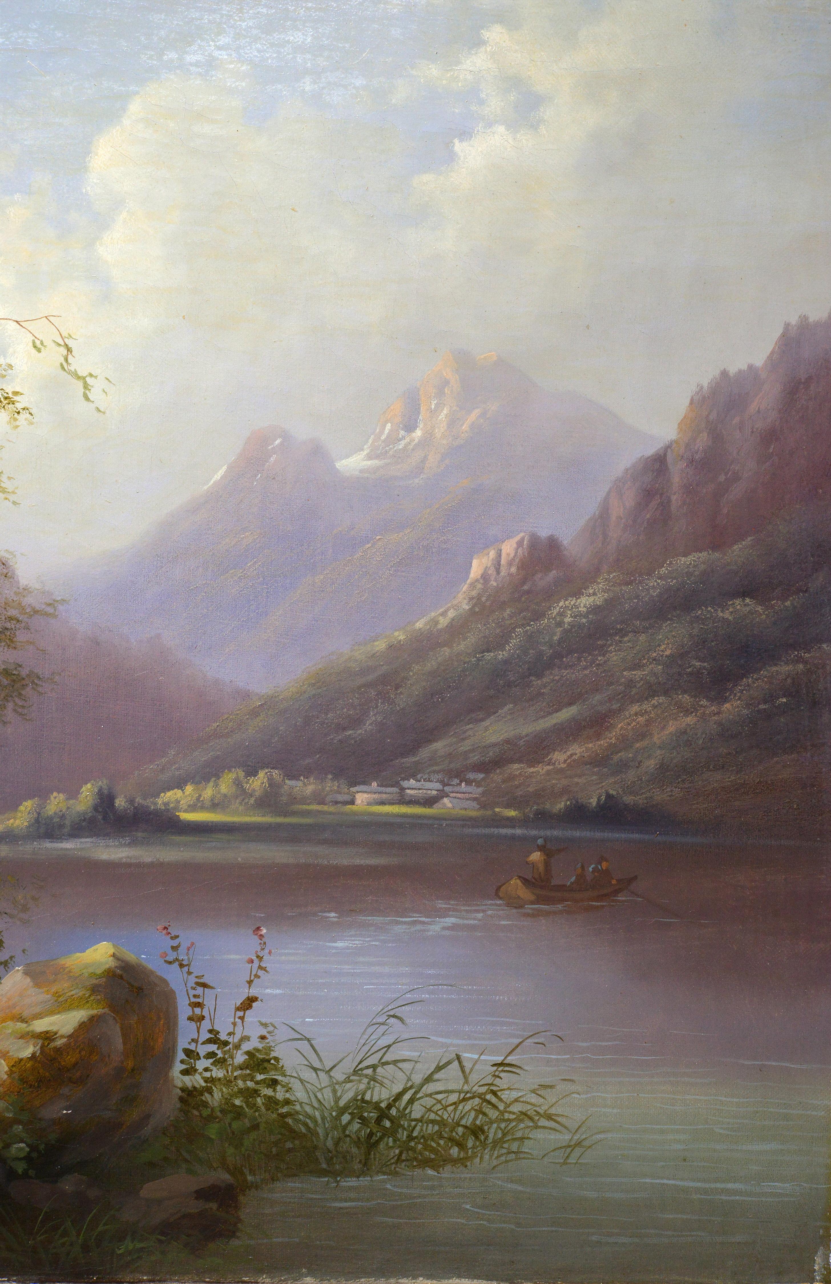Alpine landscape Horseman halt at mountain lake 19th century Oil painting Signed 2