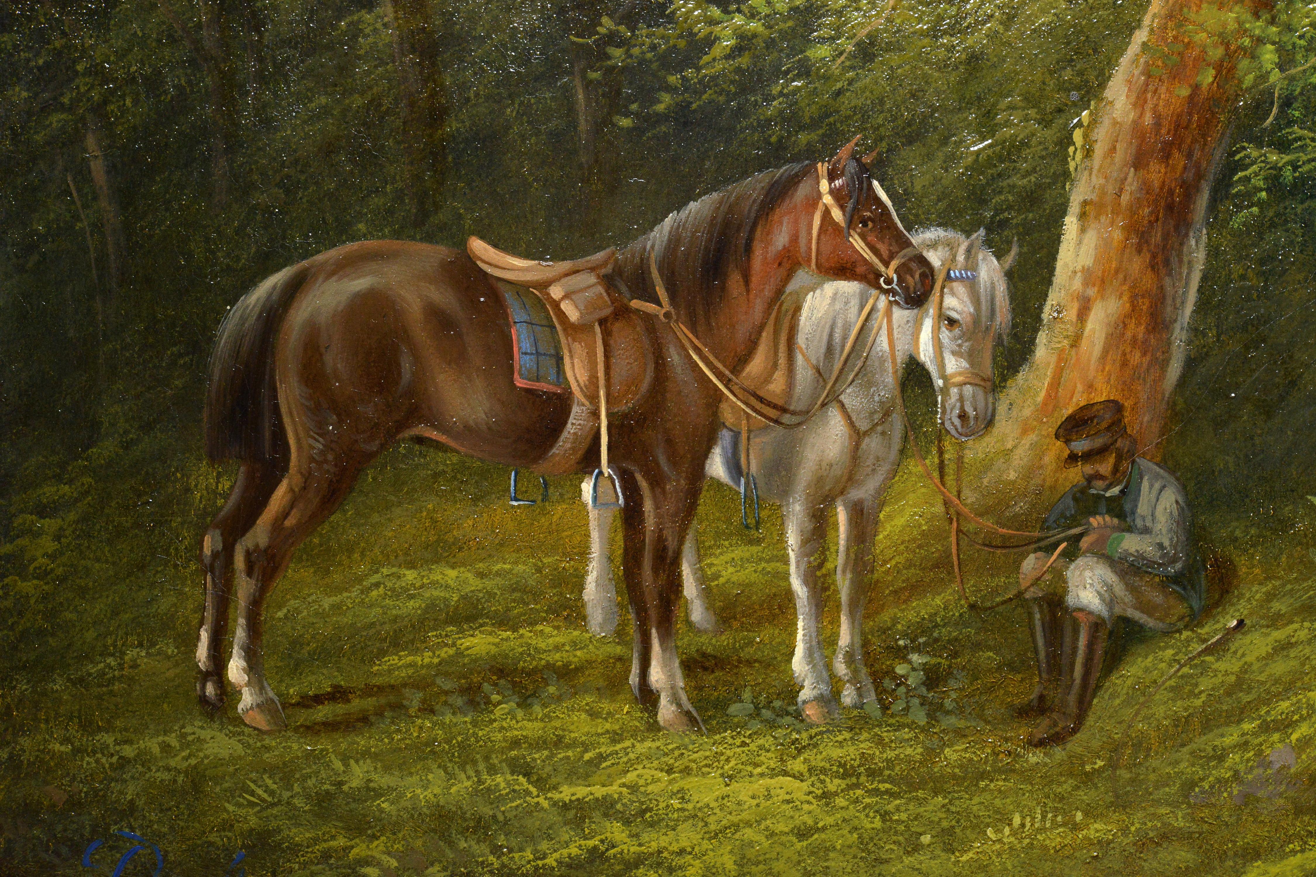 Alpine landscape Horseman halt at mountain lake 19th century Oil painting Signed 3