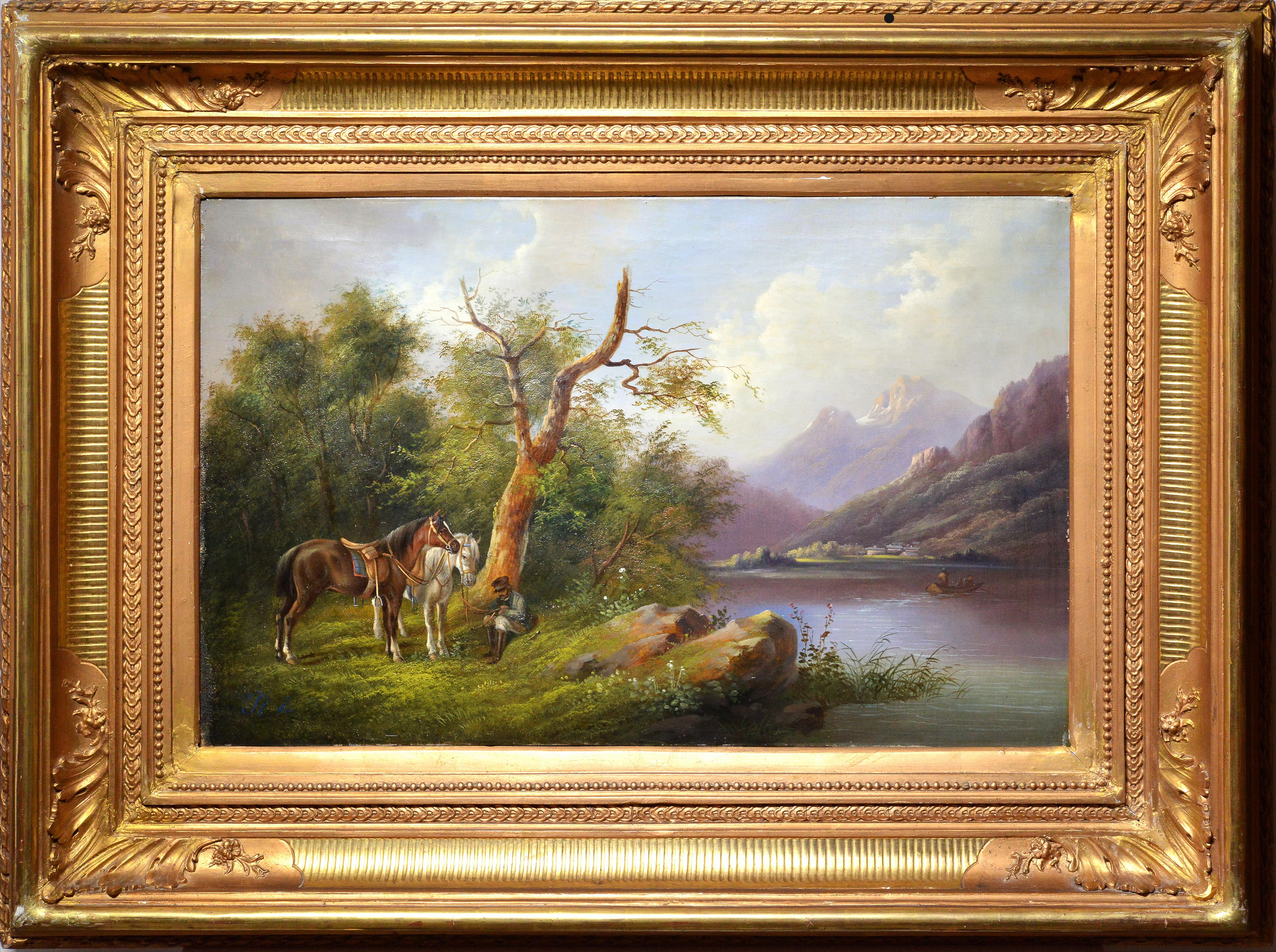 Unknown Animal Painting - Alpine landscape Horseman halt at mountain lake 19th century Oil painting Signed