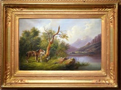 Alpine landscape Horseman halt at mountain lake 19th century Oil painting Signed