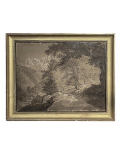 Alpine Landscape Of The 19th Century, Traveller On A Mountain Path – Ink Drawing