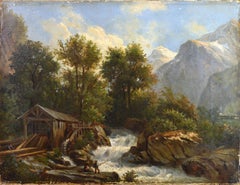 Paesaggio alpino con pesca nelle rapide e mulino ad acqua Pittura ad olio del XIX secolo