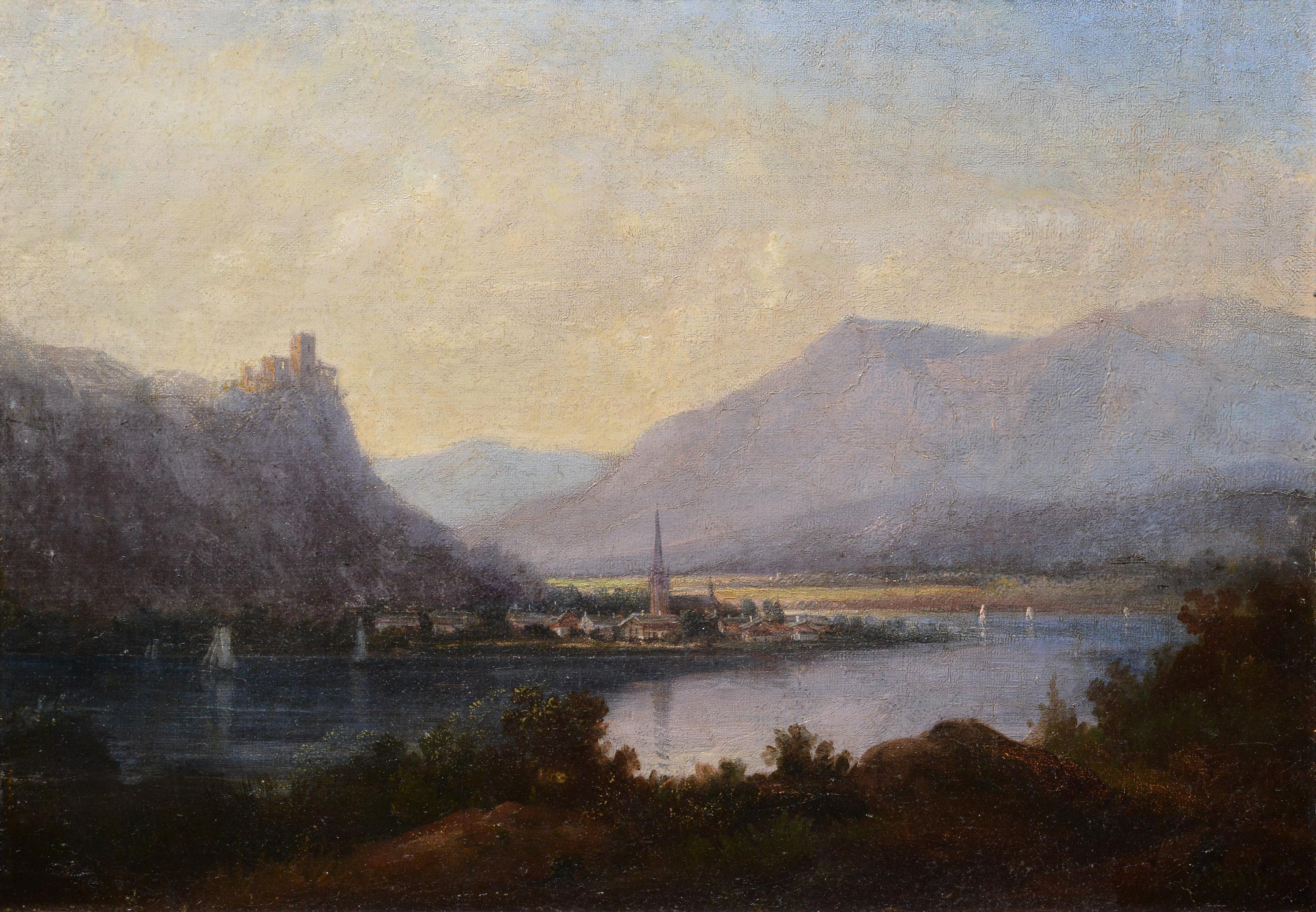 Paysage de vallée alpine avec château sur roche et ville à River Bend 19ème siècle - Painting de Unknown