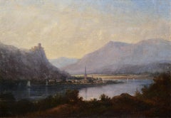 Alpine Valley Landscape with Castle on Rock and Town at River Bend 19th Century