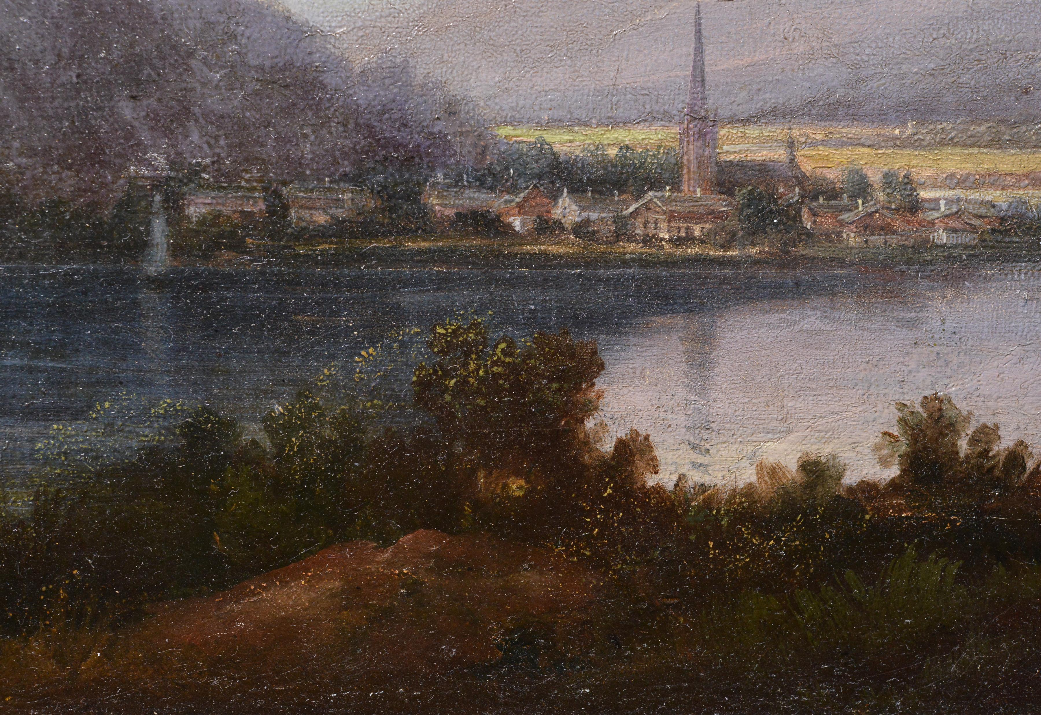 Paysage de vallée alpine avec château sur roche et ville à River Bend 19ème siècle - Marron Landscape Painting par Unknown