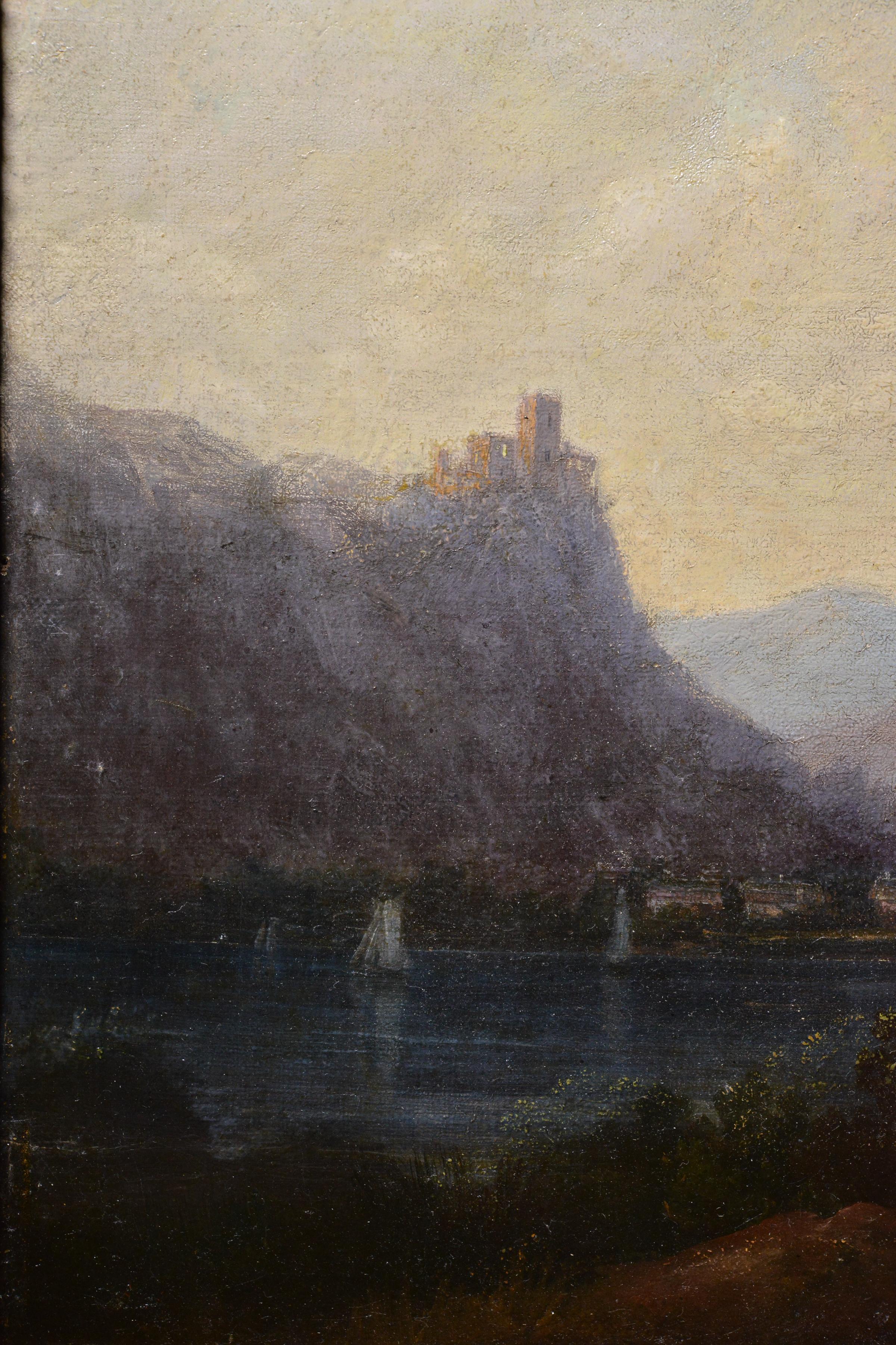 Alpine Valley Landscape with Castle on Rock and Town at River Bend 19th Century For Sale 1