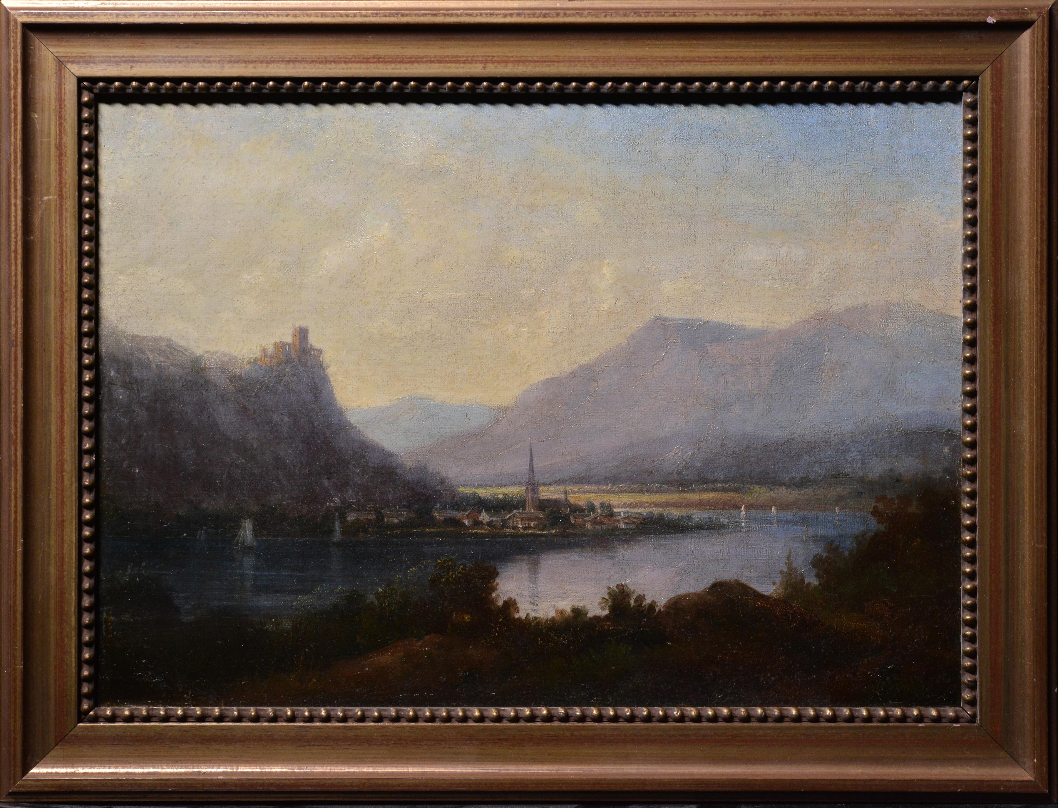 Unknown Landscape Painting - Alpine Valley Landscape with Castle on Rock and Town at River Bend 19th Century