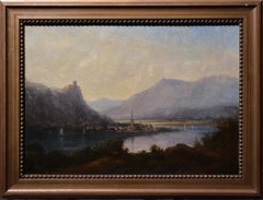 Antique Alpine Valley Landscape with Castle on Rock and Town at River Bend 19th Century