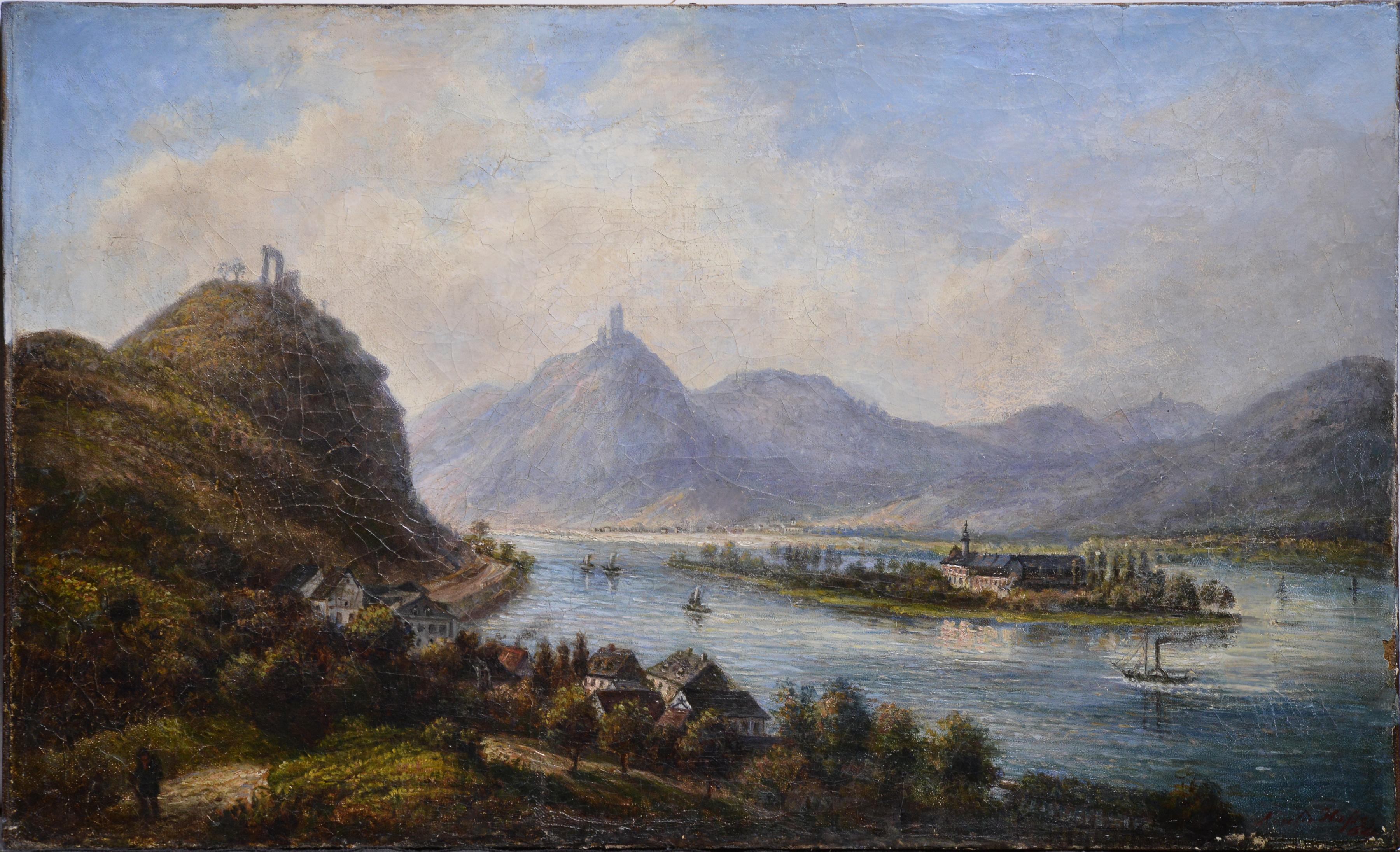 Alpine Valley-Landschaft mit hohen Hügeln und Fluss, Ölgemälde, 19. Jahrhundert – Painting von Unknown
