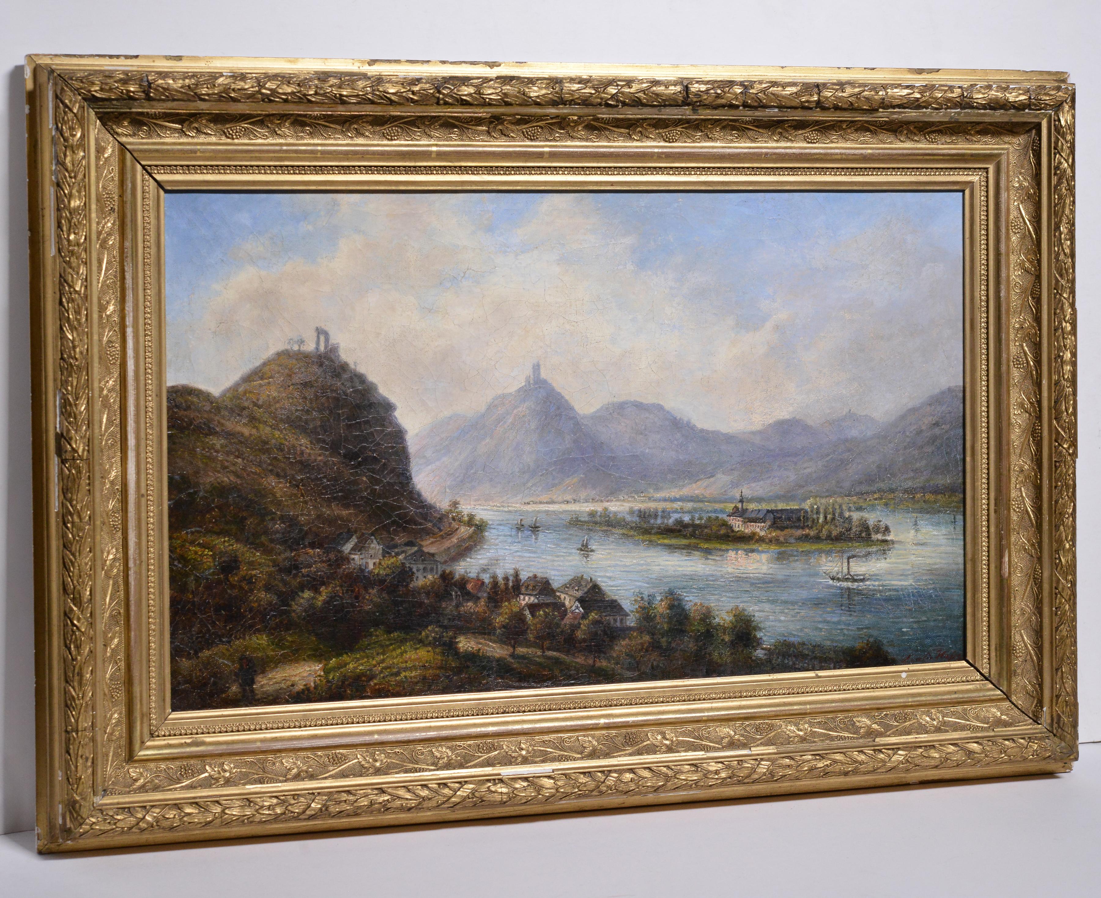 This artwork captures all the beauty of the German valley in the lower Alps, showcasing a breathtaking scenery that includes ruins atop high hills, hazed mountains in the distance, steamships and sailing boats on the river (Danube or Rhin?), and