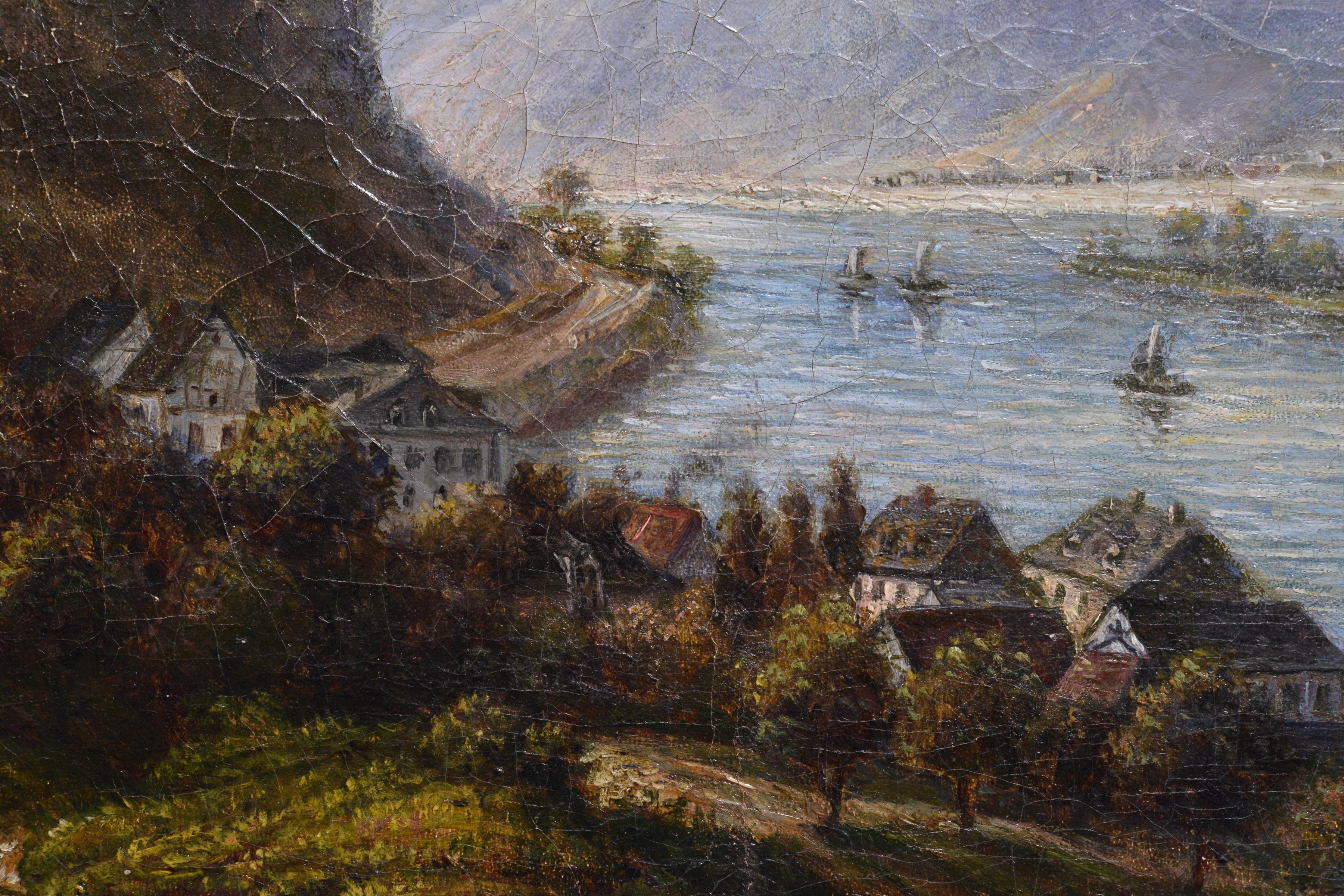 Alpine Valley-Landschaft mit hohen Hügeln und Fluss, Ölgemälde, 19. Jahrhundert (Braun), Landscape Painting, von Unknown