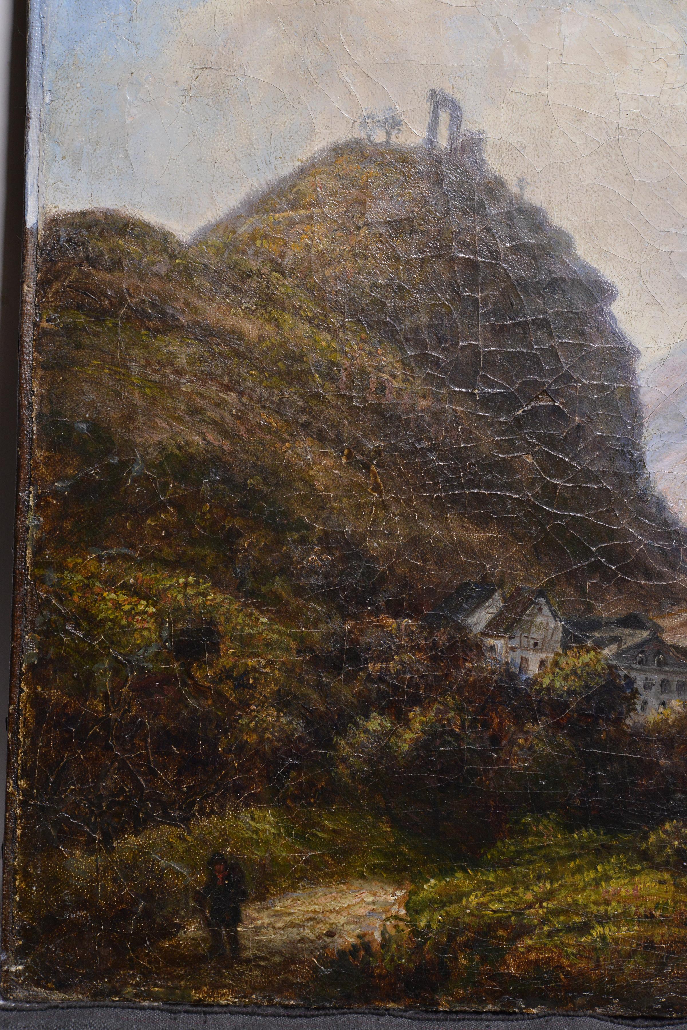 Alpine Valley-Landschaft mit hohen Hügeln und Fluss, Ölgemälde, 19. Jahrhundert im Angebot 1