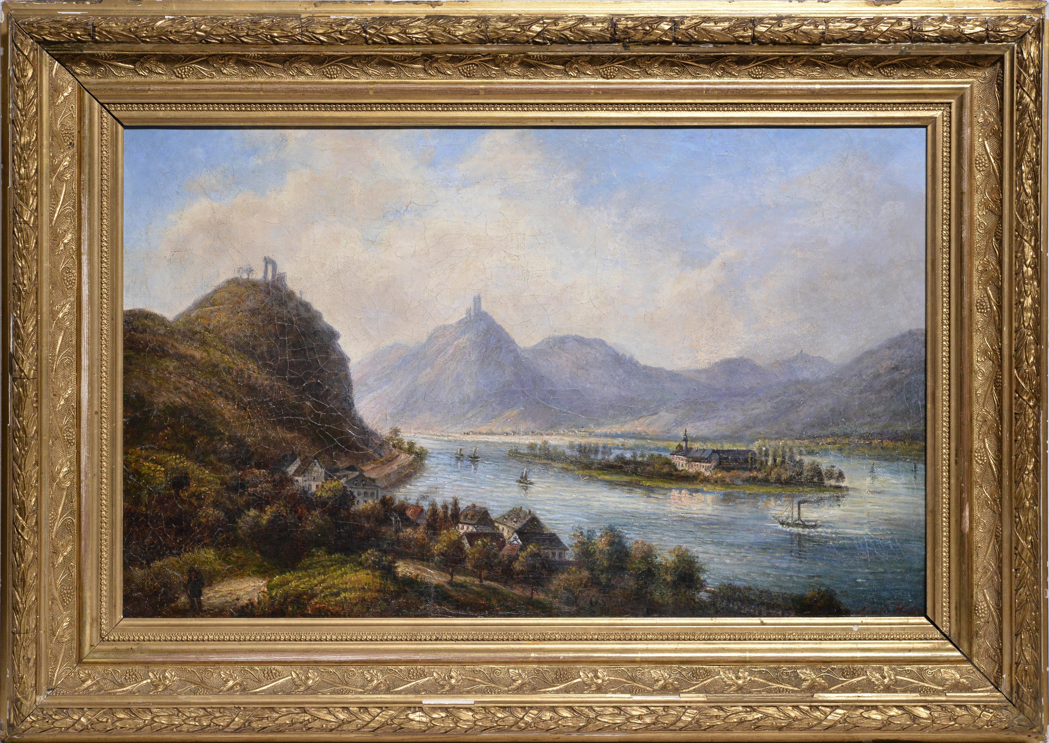 Paysage de vallée alpine avec hautes collines et rivière Peinture à l'huile du XIXe siècle