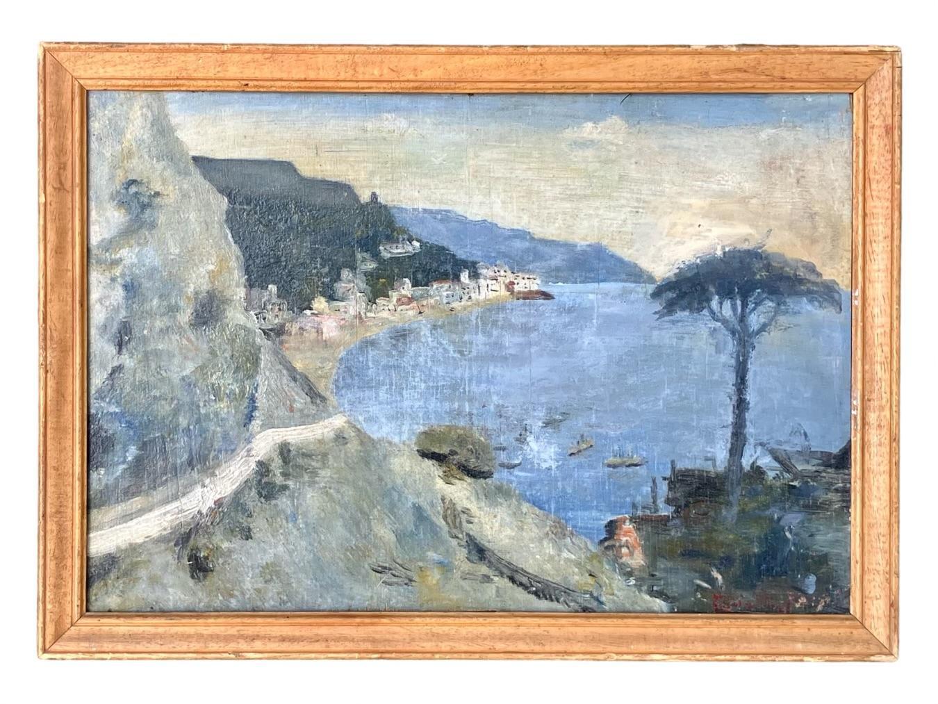 Costiera Amalfitana, 1959. Olio su tavola d'epoca raffigurante la famosa costa soleggiata e tortuosa di Amalfi, con i suoi panorami mozzafiato e i suoi tornanti. In cornice originale con 