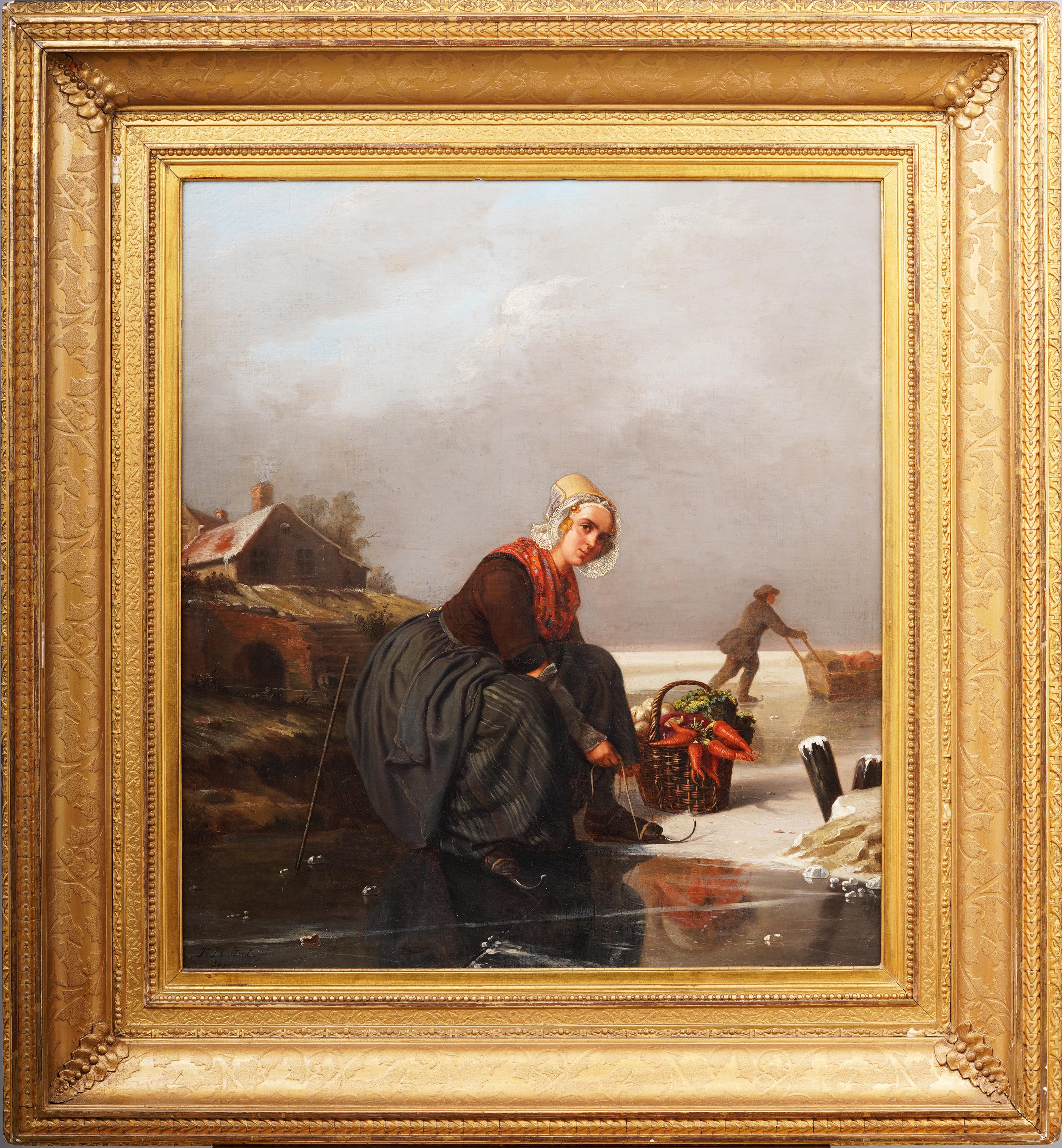 A powerful 19th century landscape and portrait painting.  A young dutch woman lacing up her skates.  Really rare and well painted.  Oil on canvas, lain to board.  Housed in a beautiful period giltwood frame.  Signed.
