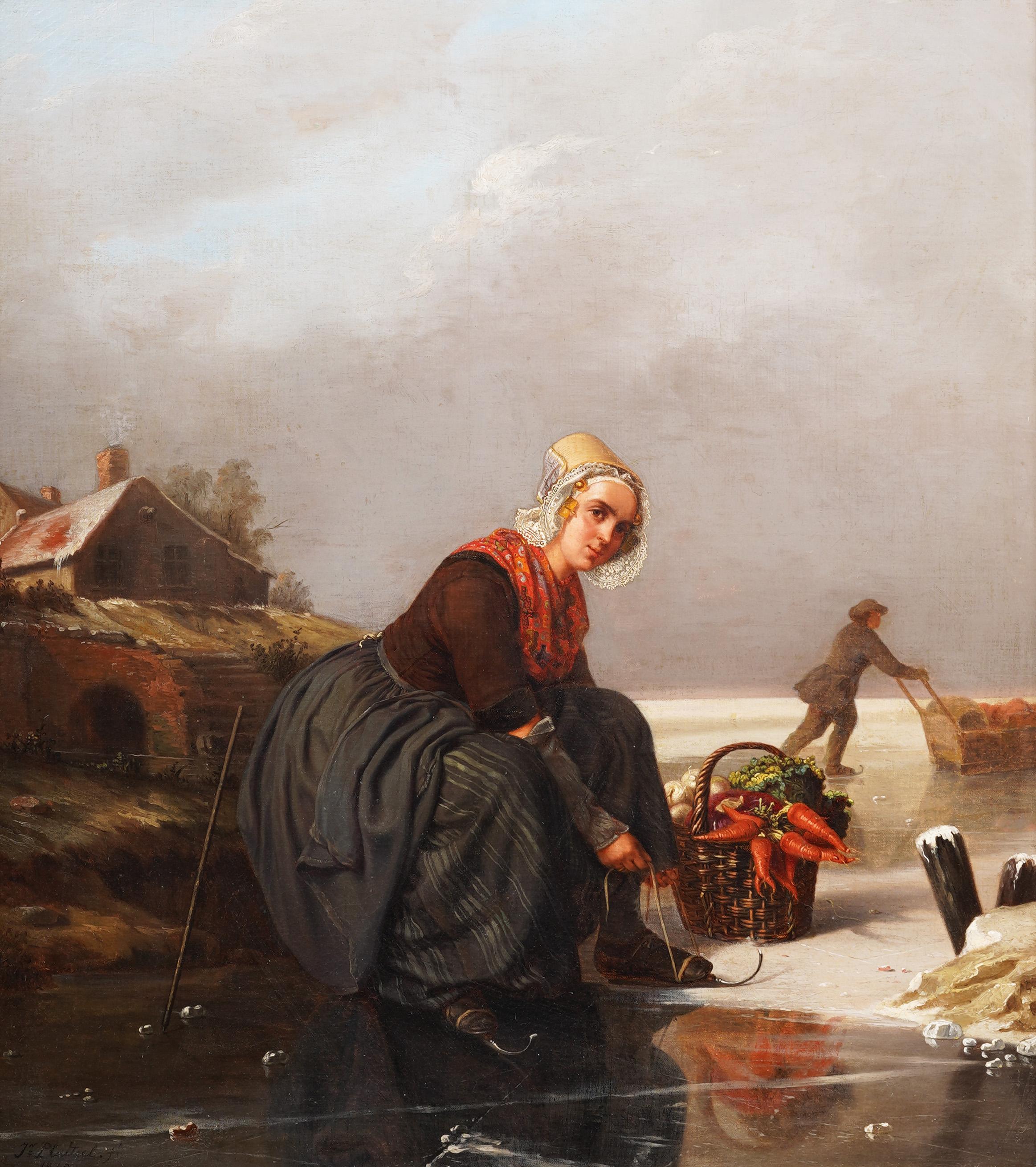 Amazing 19th Century Dutch Skating Woman Winter Landscape Signed Oil Painting For Sale 1