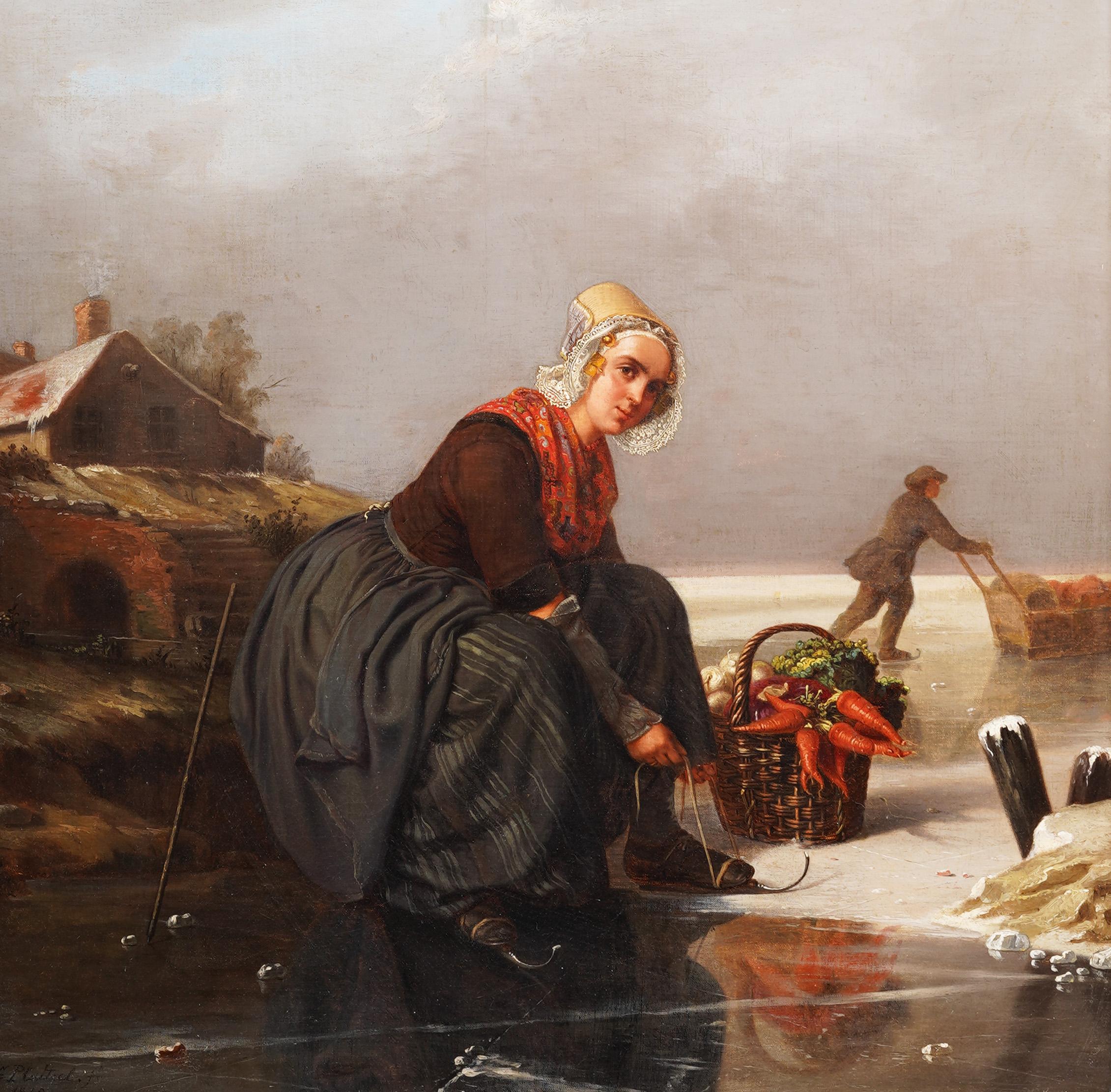 Ein kraftvolles Landschafts- und Porträtgemälde des 19. Jahrhunderts.  Eine junge Holländerin schnürt ihre Schlittschuhe.  Wirklich selten und gut bemalt.  Öl auf Leinwand, auf Karton aufgezogen.  Untergebracht in einem schönen Rahmen aus