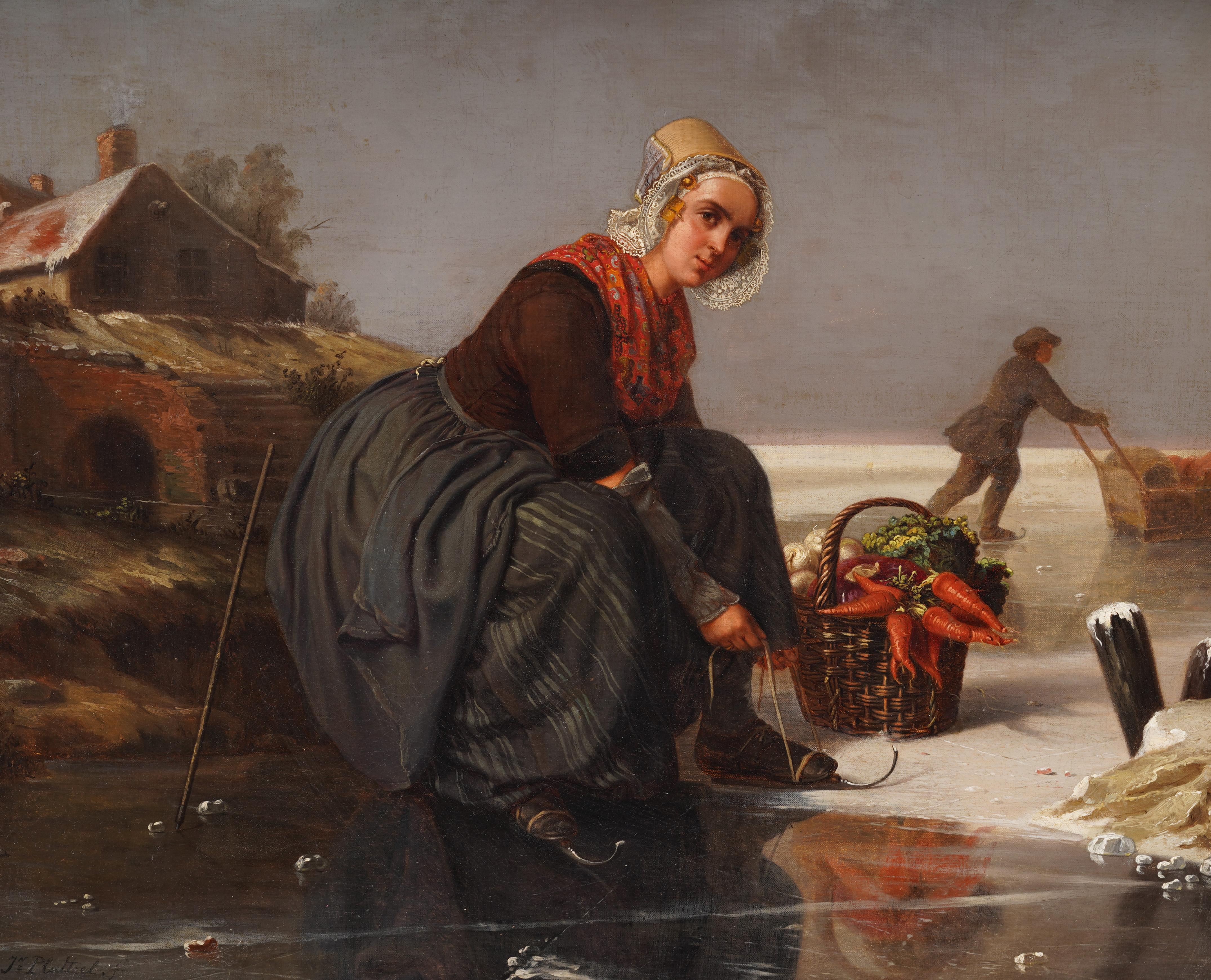 Un puissant paysage et portrait du 19e siècle.  Une jeune femme néerlandaise laçant ses patins.  Très rare et bien peint.  Huile sur toile, marouflée sur carton.  Il est présenté dans un magnifique cadre d'époque en bois doré.  Signé.