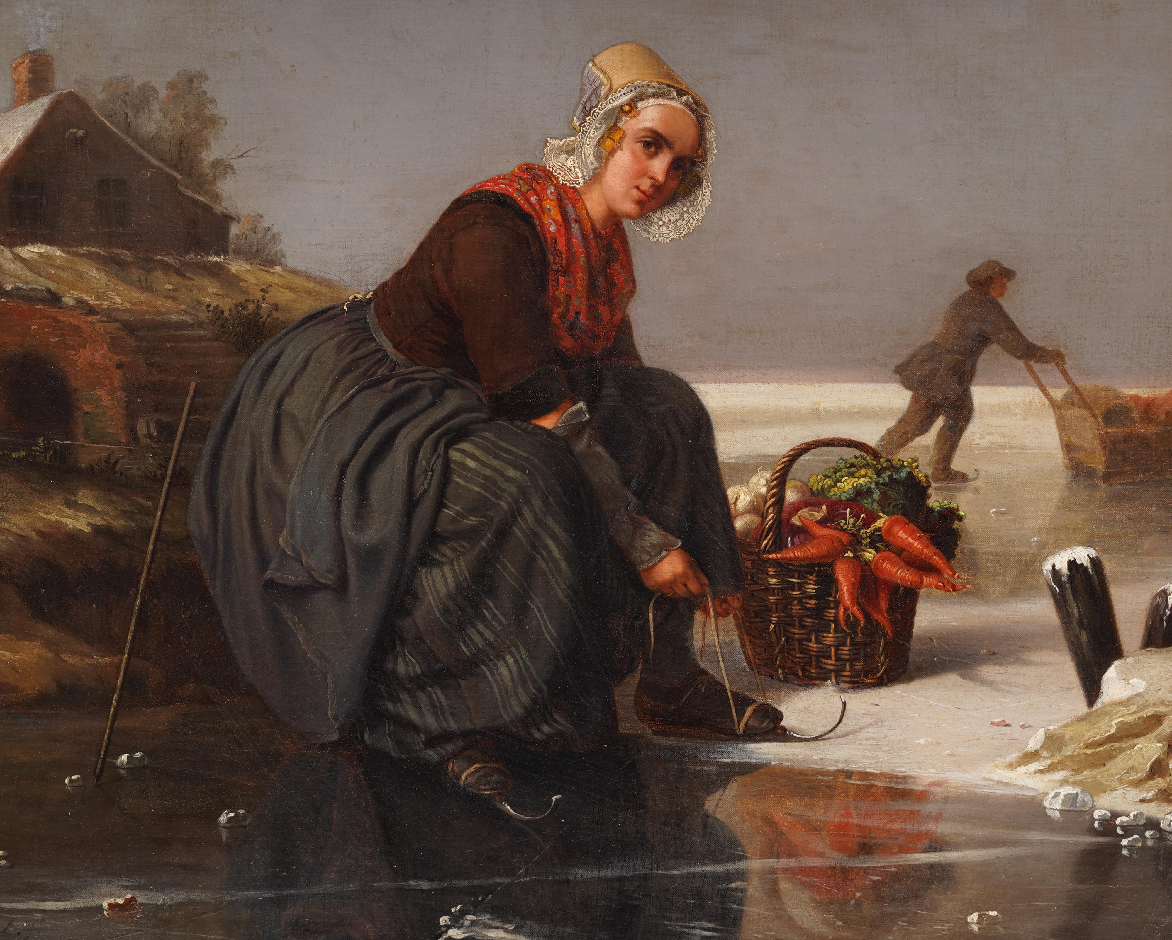 Amazing 19th Century Dutch Skating Woman Winter Landscape Signed Oil Painting For Sale 4