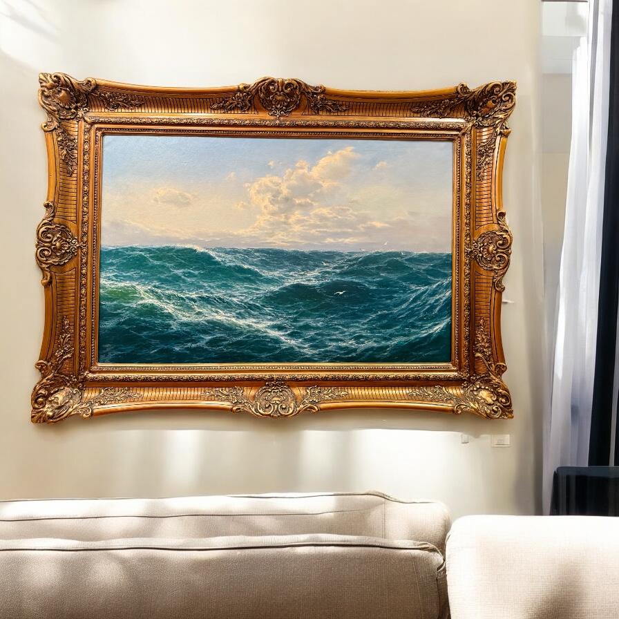Amazing Stormy Sea Landscape Painting Oil on Canvas with Frame For Sale 1