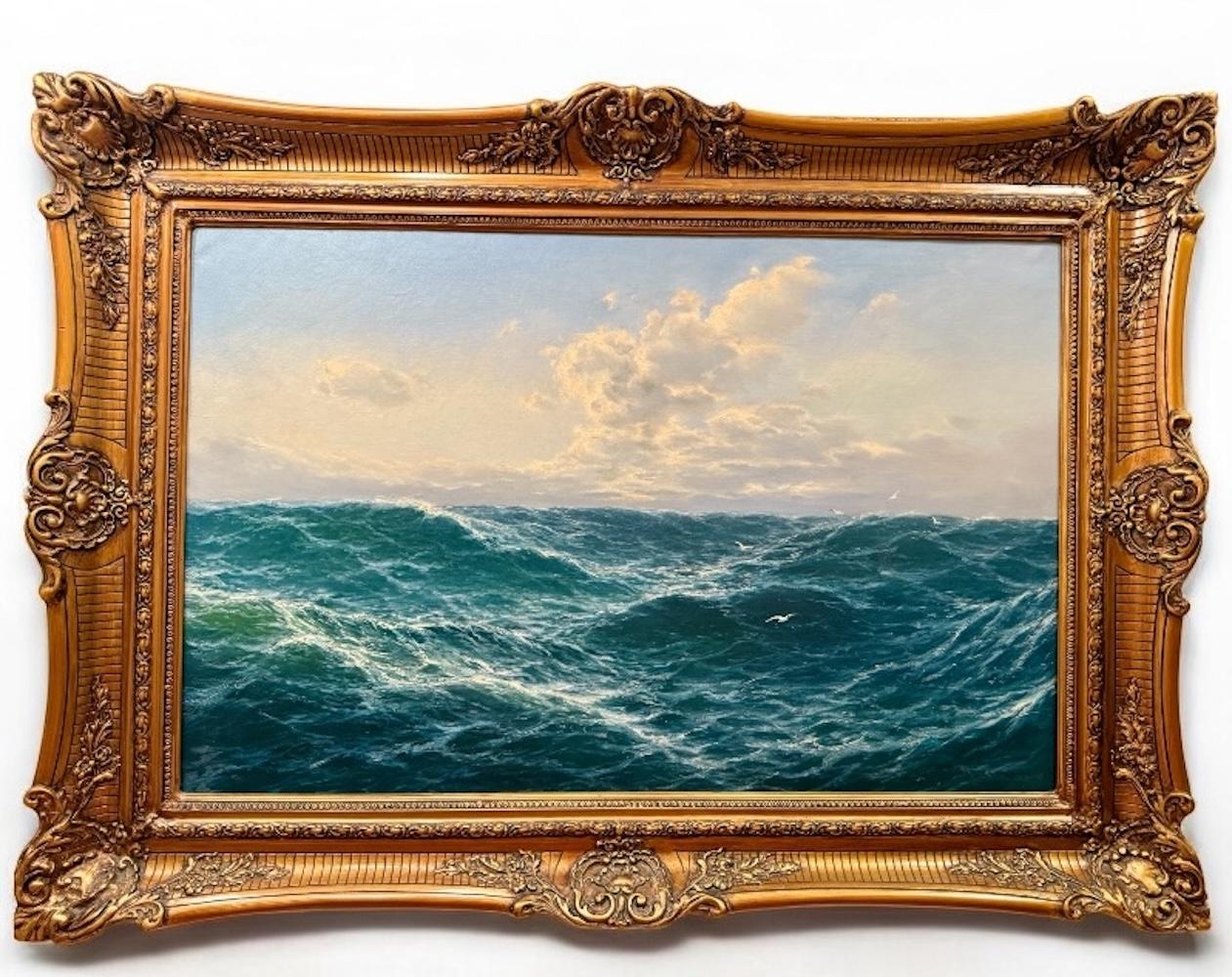 Amazing Stormy Sea Landscape Painting Oil on Canvas with Frame For Sale 2