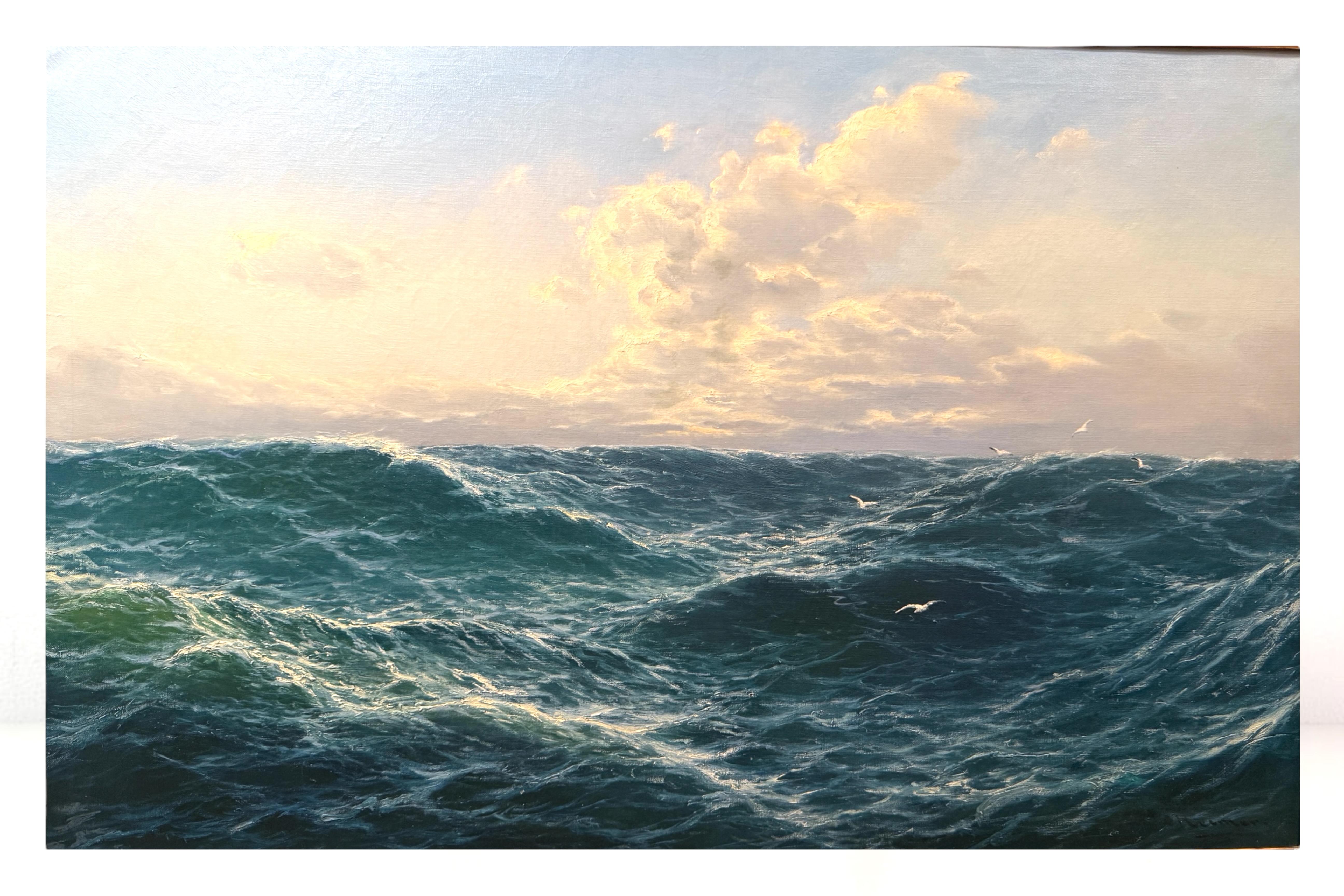 Amazing Stormy Sea Landscape Painting Oil on Canvas with Frame For Sale 3