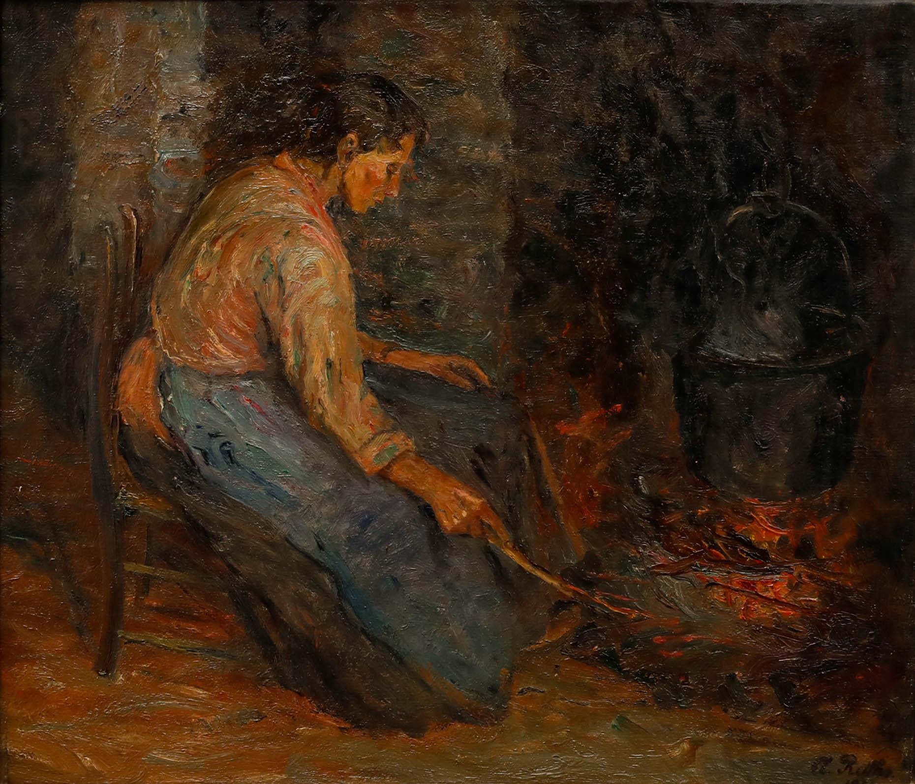 Amelie Ruths (1871-1956) - 1912 Oil, Tending The Hearth - Painting by Unknown