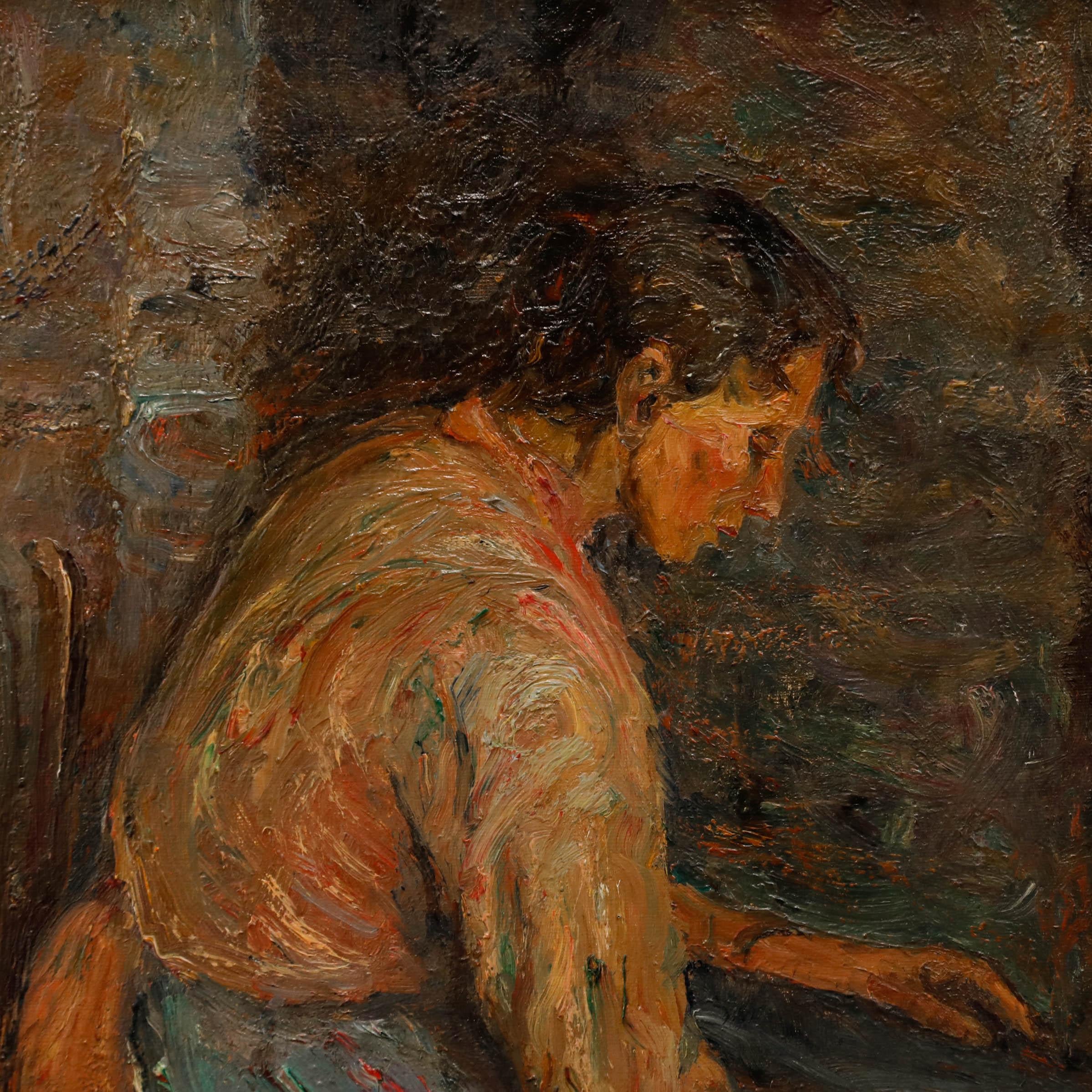 Amelie Ruths (1871-1956) - 1912 Oil, Tending The Hearth For Sale 1