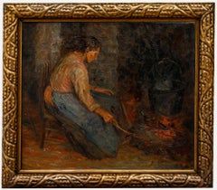 Antique Amelie Ruths (1871-1956) - 1912 Oil, Tending The Hearth