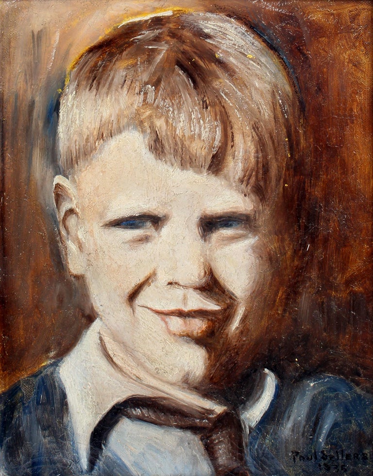America impressionist portrait young boy 1937 Modern Figurative Oil Painting - Beige Portrait Painting by Unknown