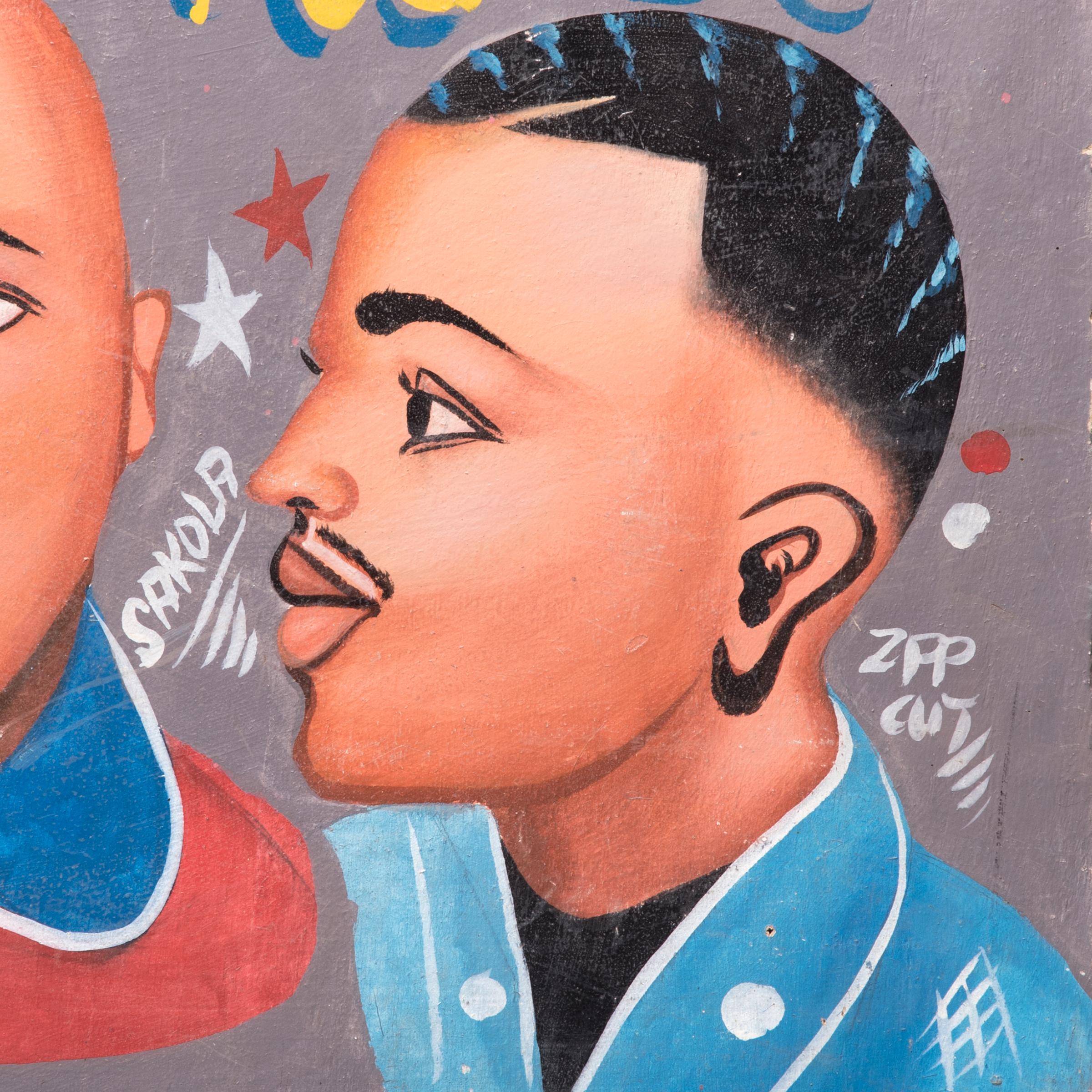 Swinging from trees or mounted to buildings, barbershop signs are fascinating examples of pop and folk art in Africa. Each sign takes on the unique personality of its owner, expressing both their hairdressing options, and the popular icons they