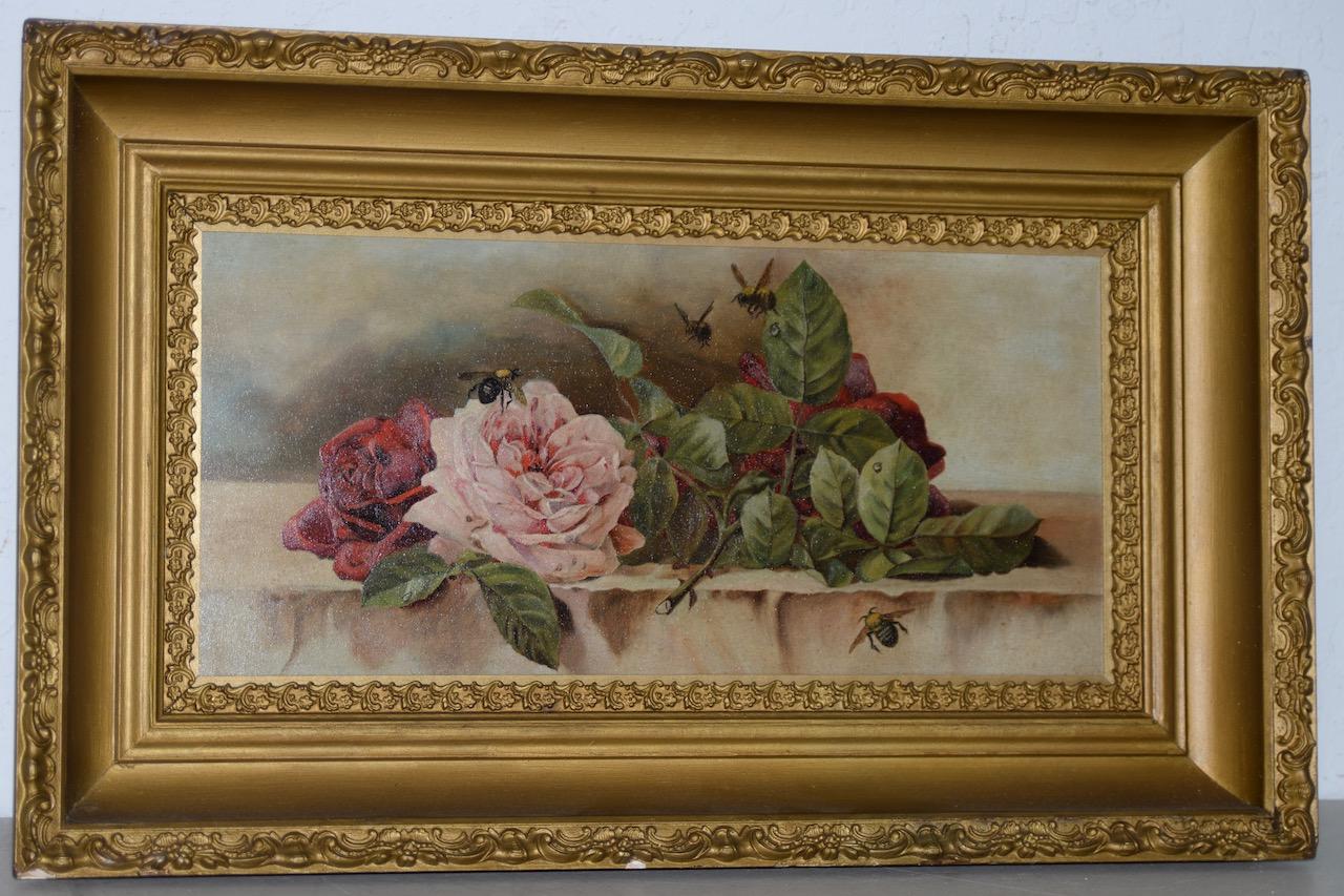 American Antique "Roses and Bumblebees" Oil Painting c.1900