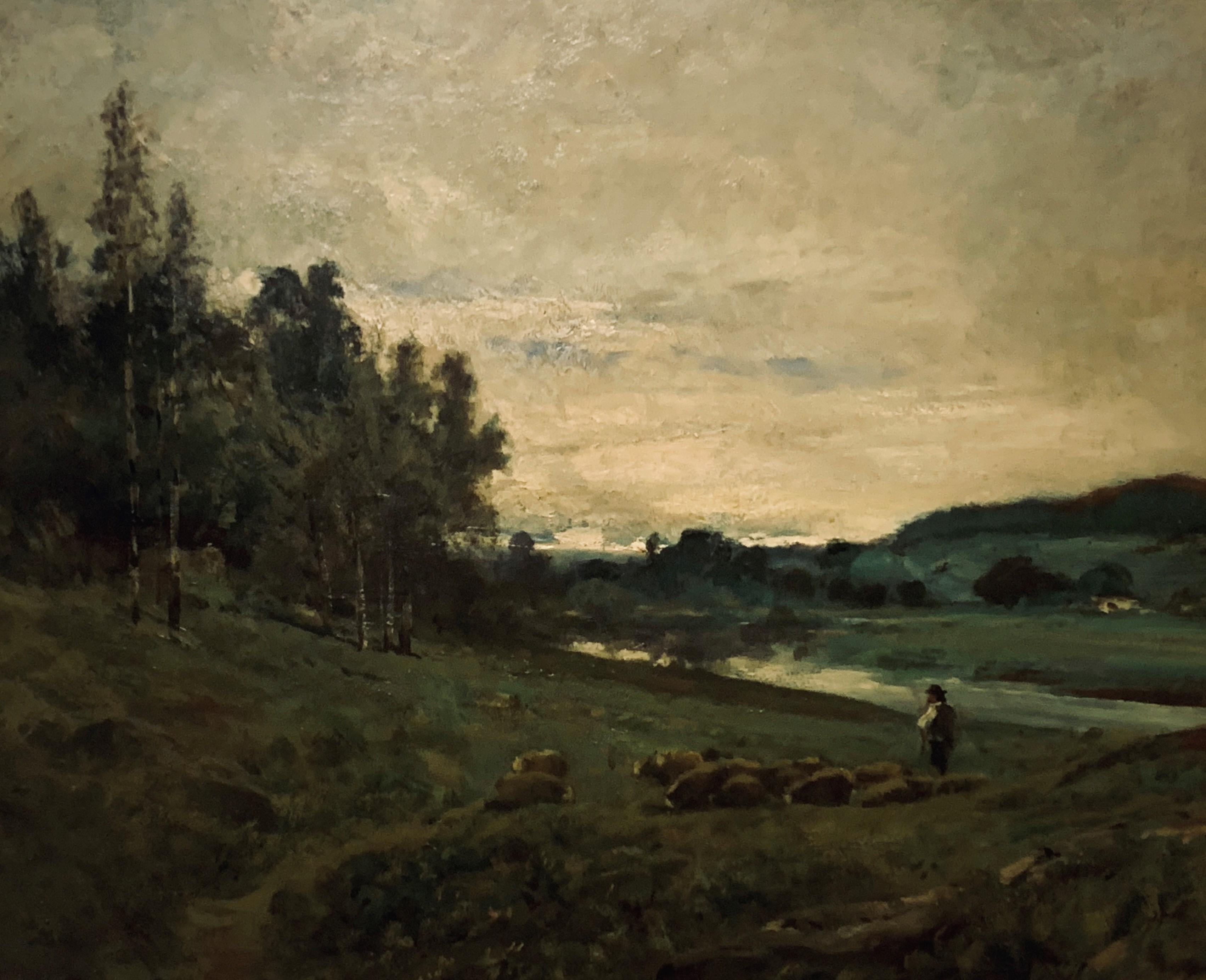 American Barbizon Landscape, New England about 1890  Shepherd and Sheep  - Painting by Unknown