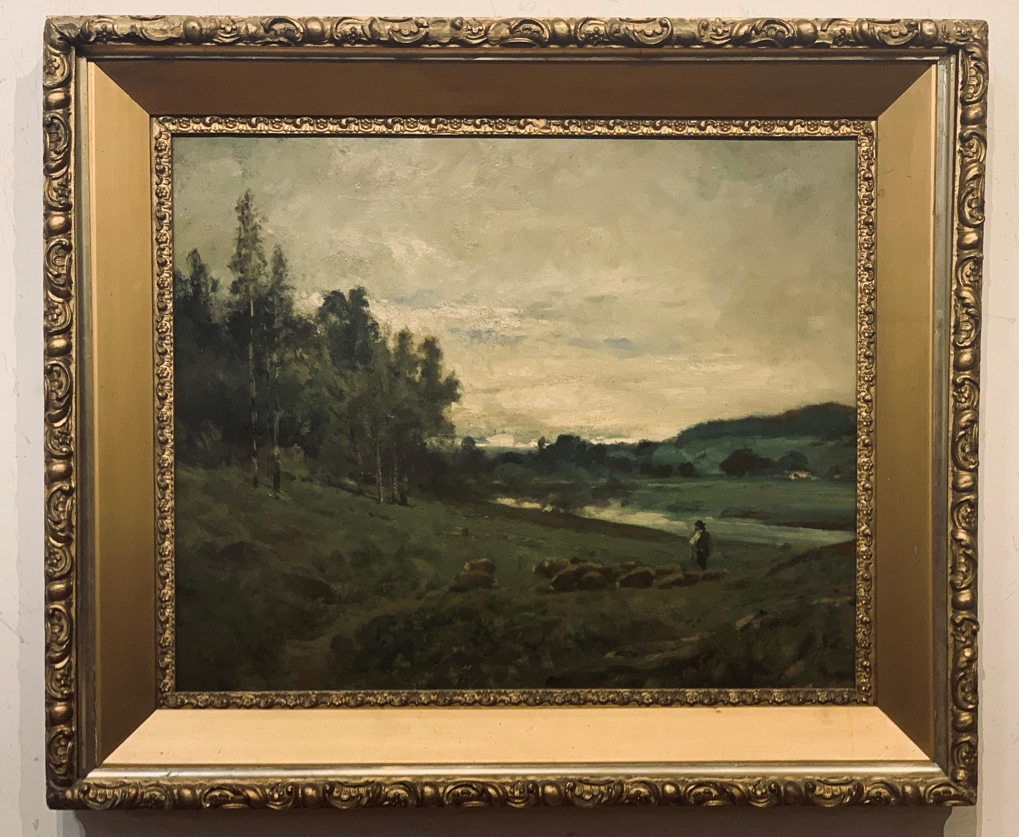 Unknown Landscape Painting - American Barbizon Landscape, New England about 1890  Shepherd and Sheep 