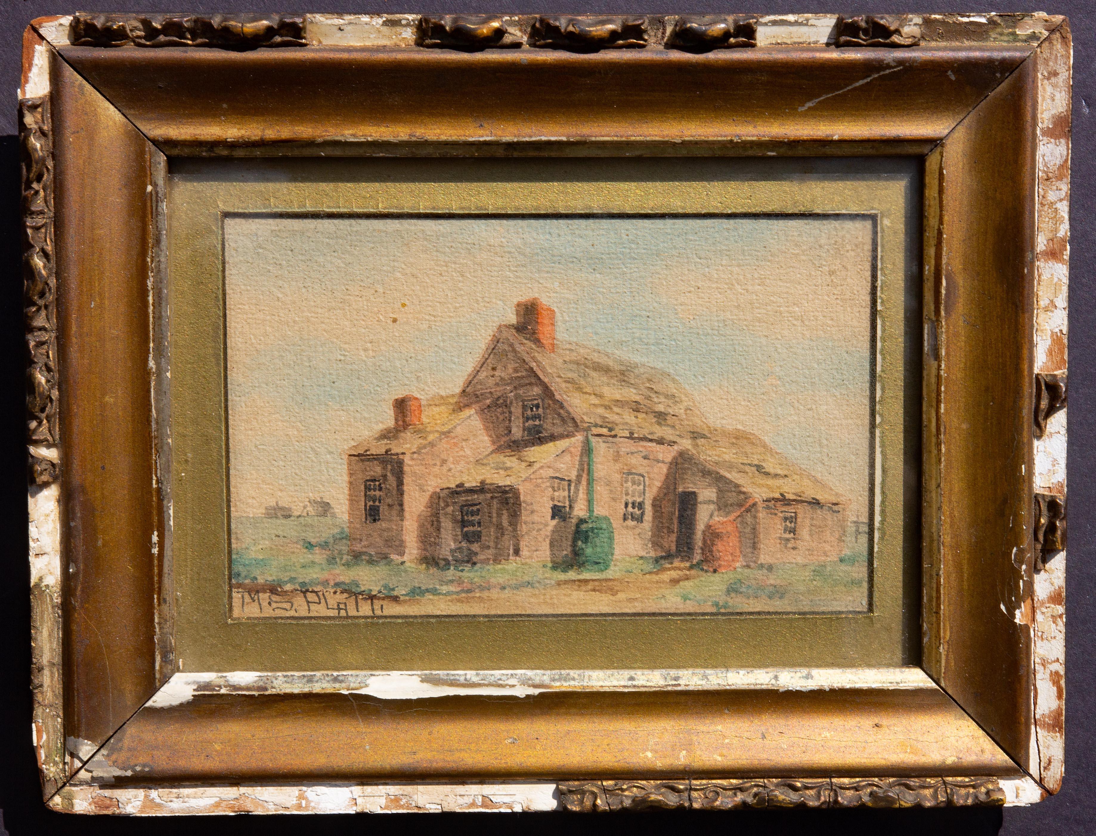 American Farm House 19th Century Landscape Painting - Beige Figurative Painting by Unknown