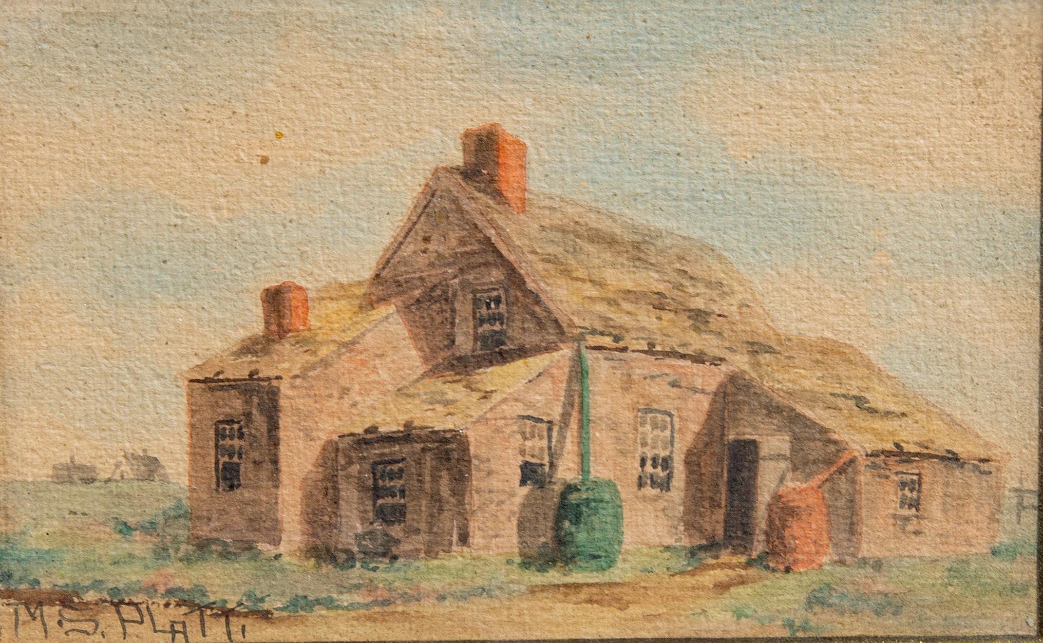 Bucolic American farm scene. Watercolor. Signed M.S. Platt. 