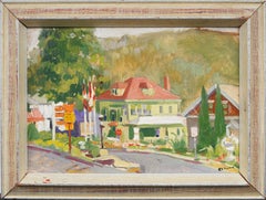 American Flag Impressionist Signed Framed Summer Street Landscape Oil Painting