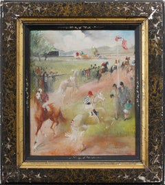 Bandiera americana Impressionista firmato Pista di cavalli con cornice Pittura equestre scolastica