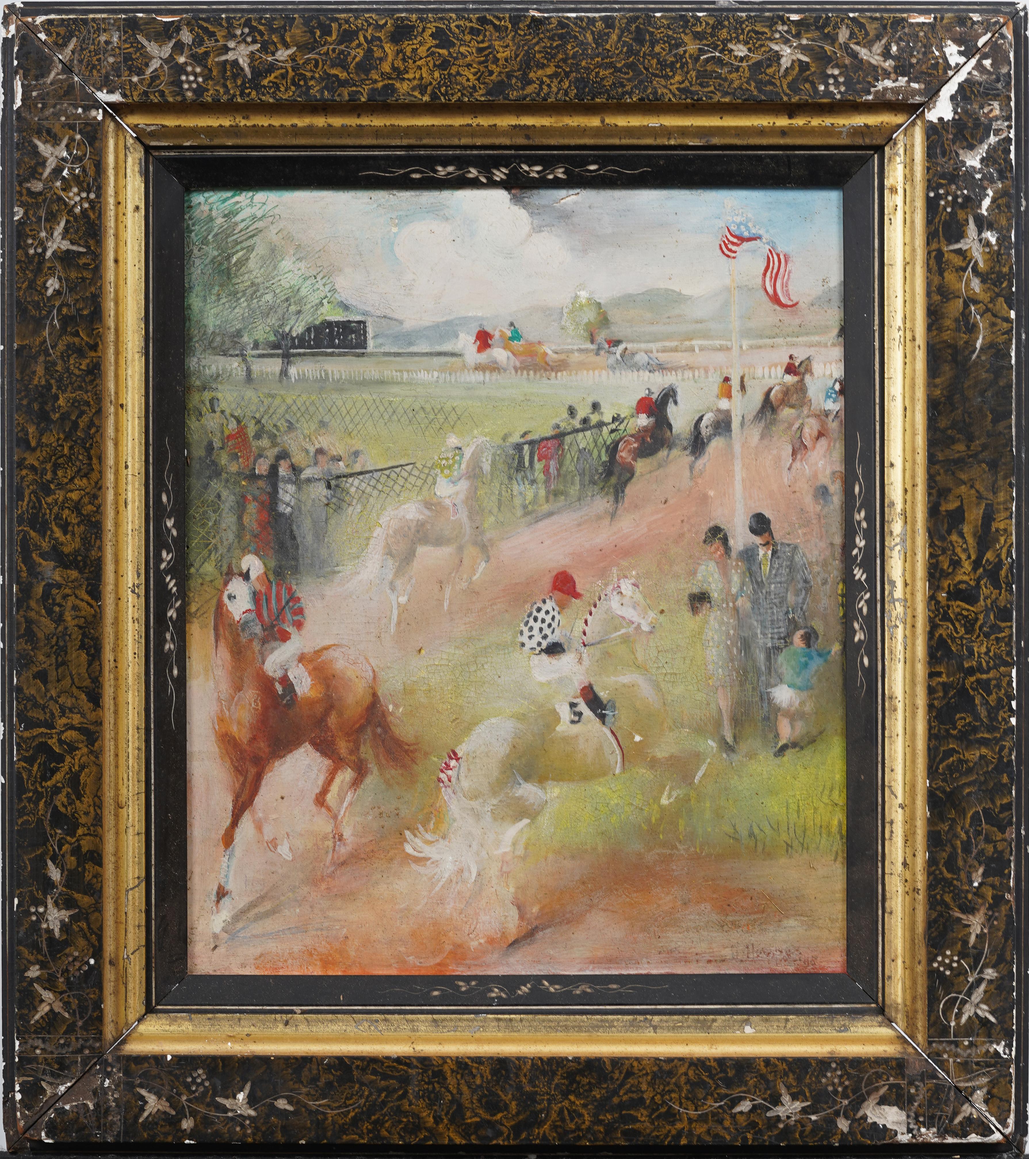 American Flag Impressionist Signed Horse Track Framed School Equestrian Painting