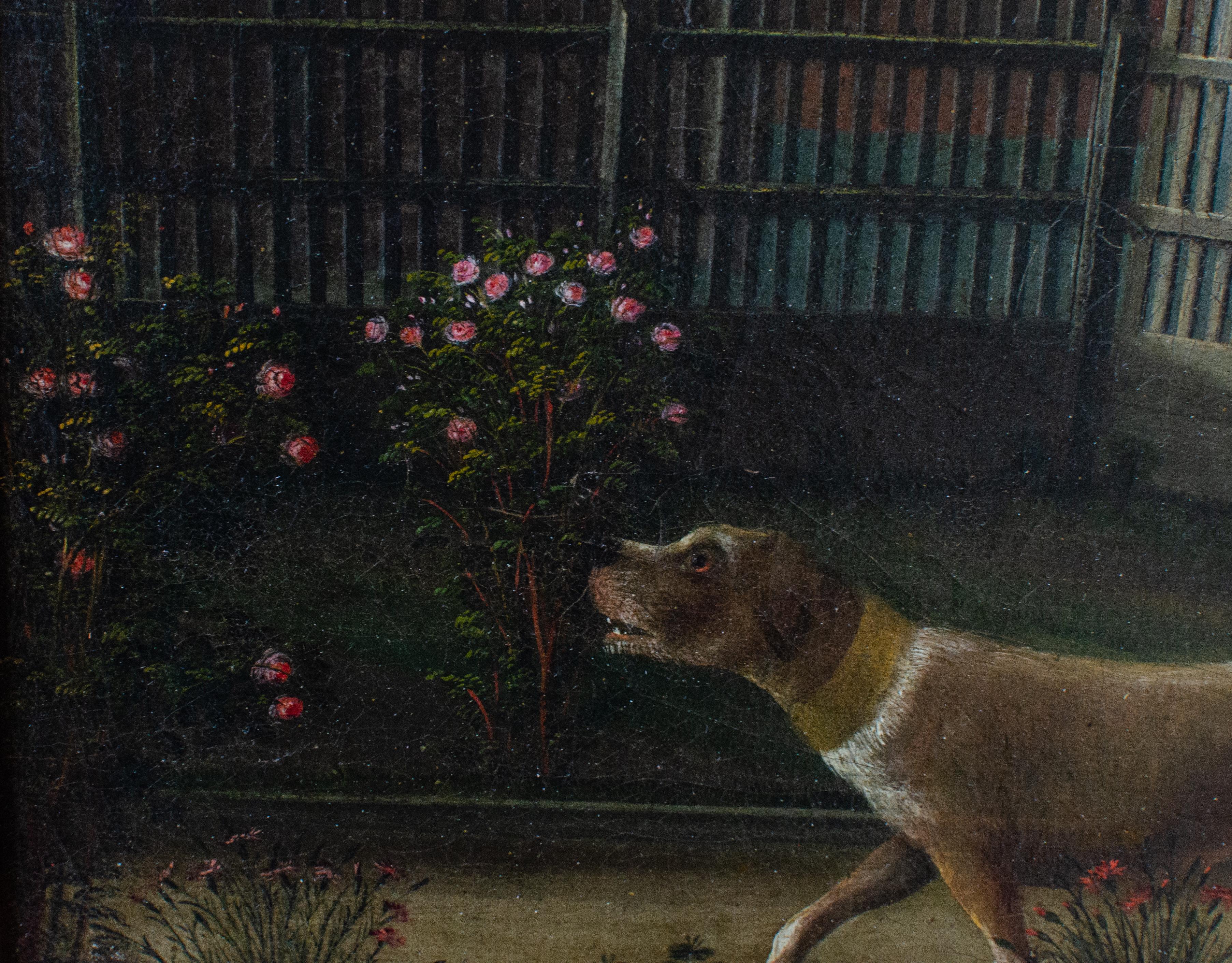 American Folk Painting of Couple in a Garden With Dog - Black Portrait Painting by Unknown