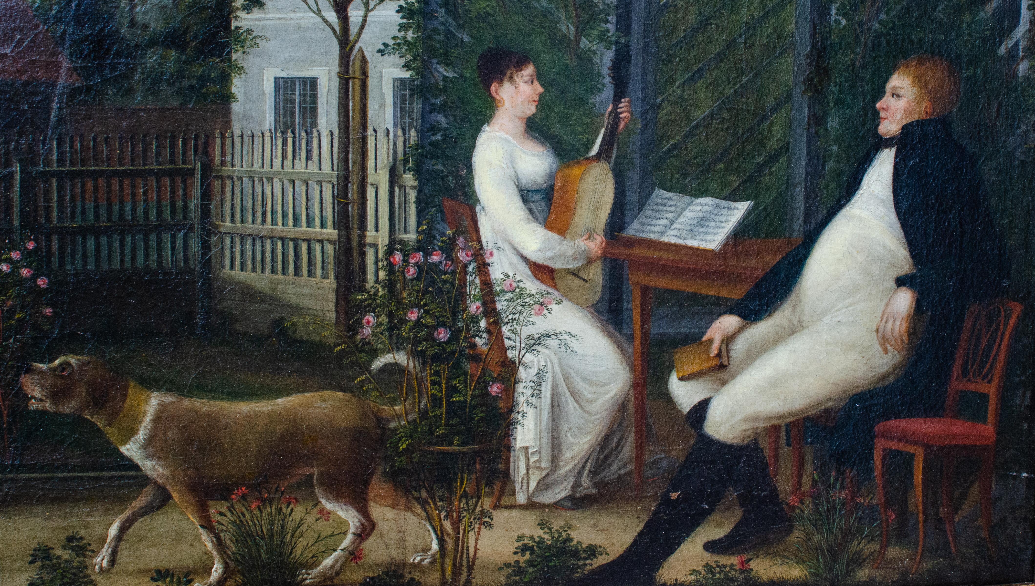 American Folk Painting of Couple in a Garden With Dog For Sale 4