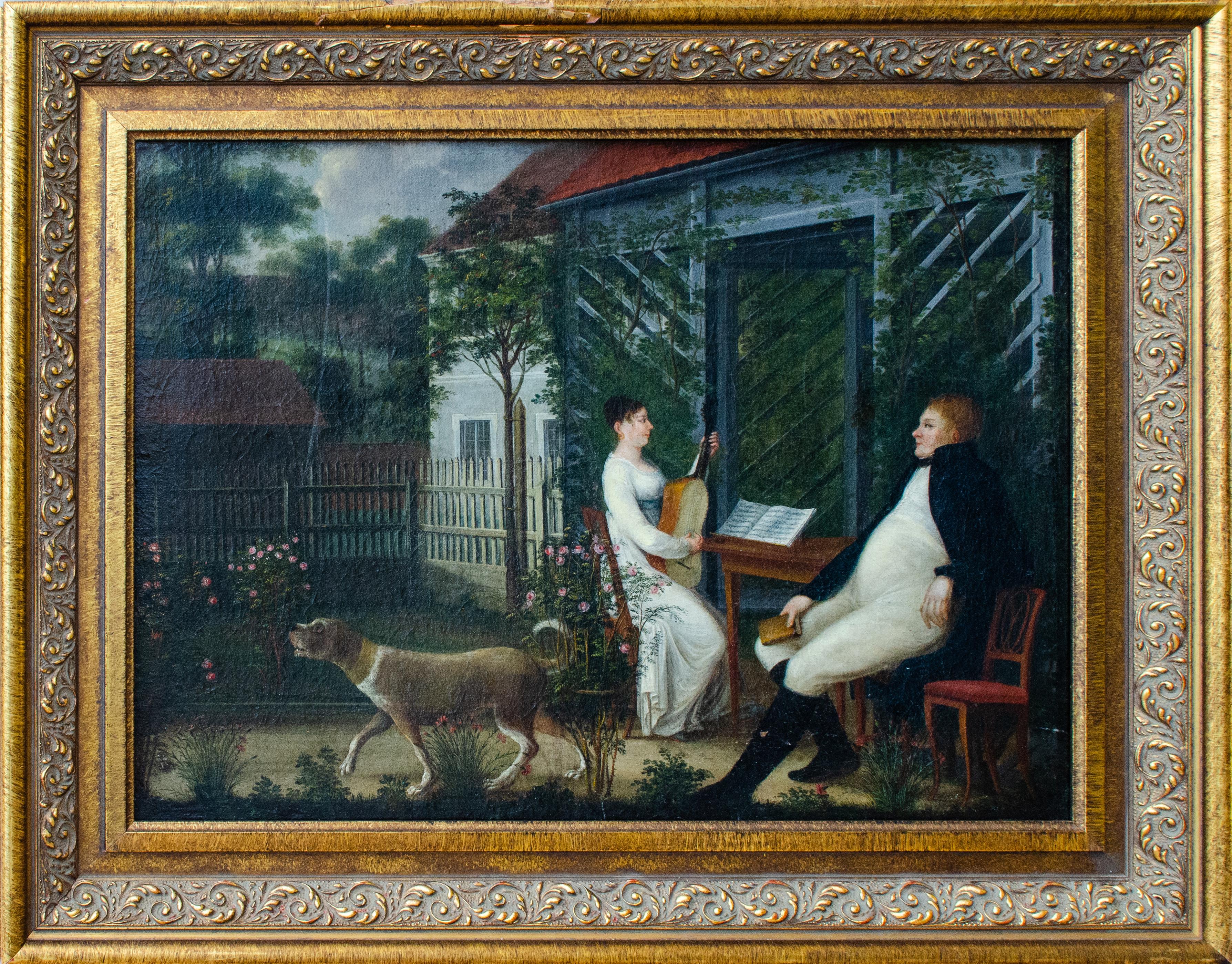 Unknown Portrait Painting - American Folk Painting of Couple in a Garden With Dog