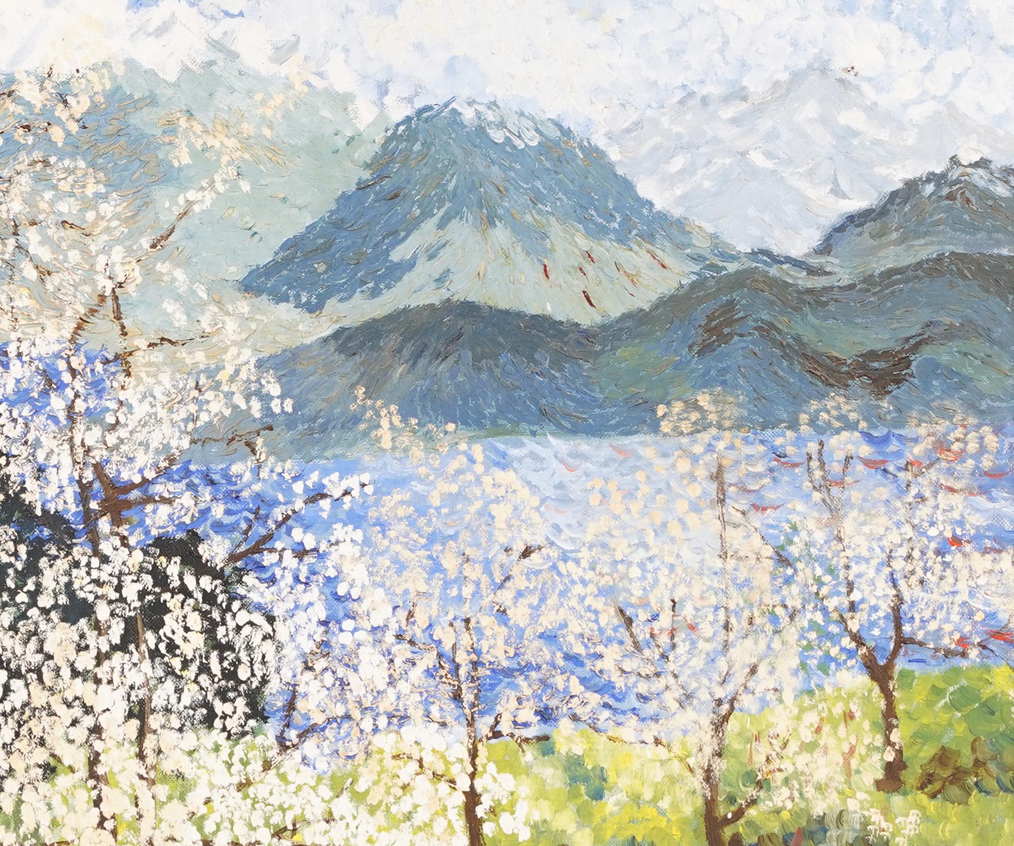 Peinture à l'huile impressionniste américaine de paysage pointilliste de fleurs de cerisier - Impressionnisme Painting par Unknown