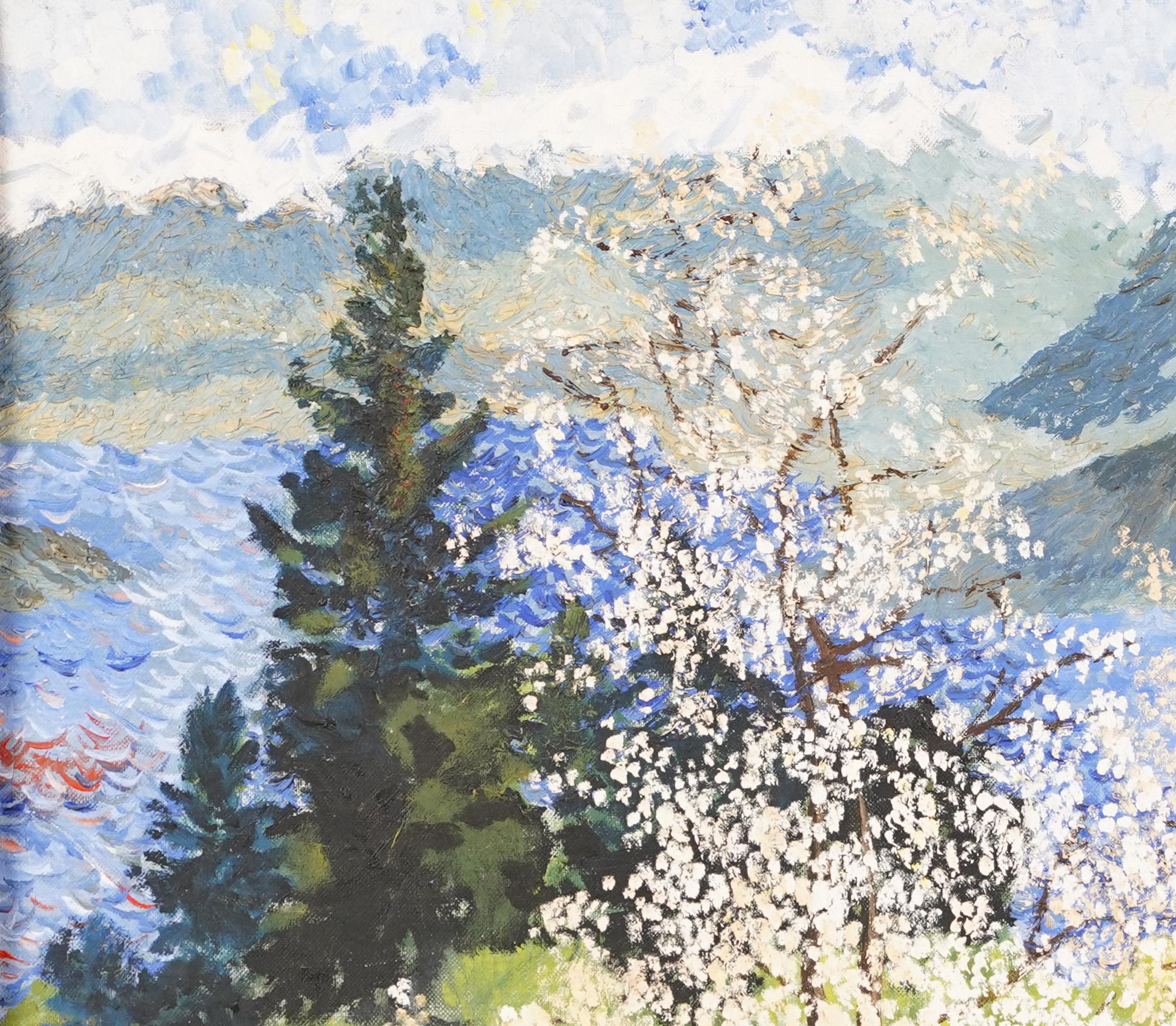 Peinture à l'huile impressionniste américaine de paysage pointilliste de fleurs de cerisier - Marron Landscape Painting par Unknown