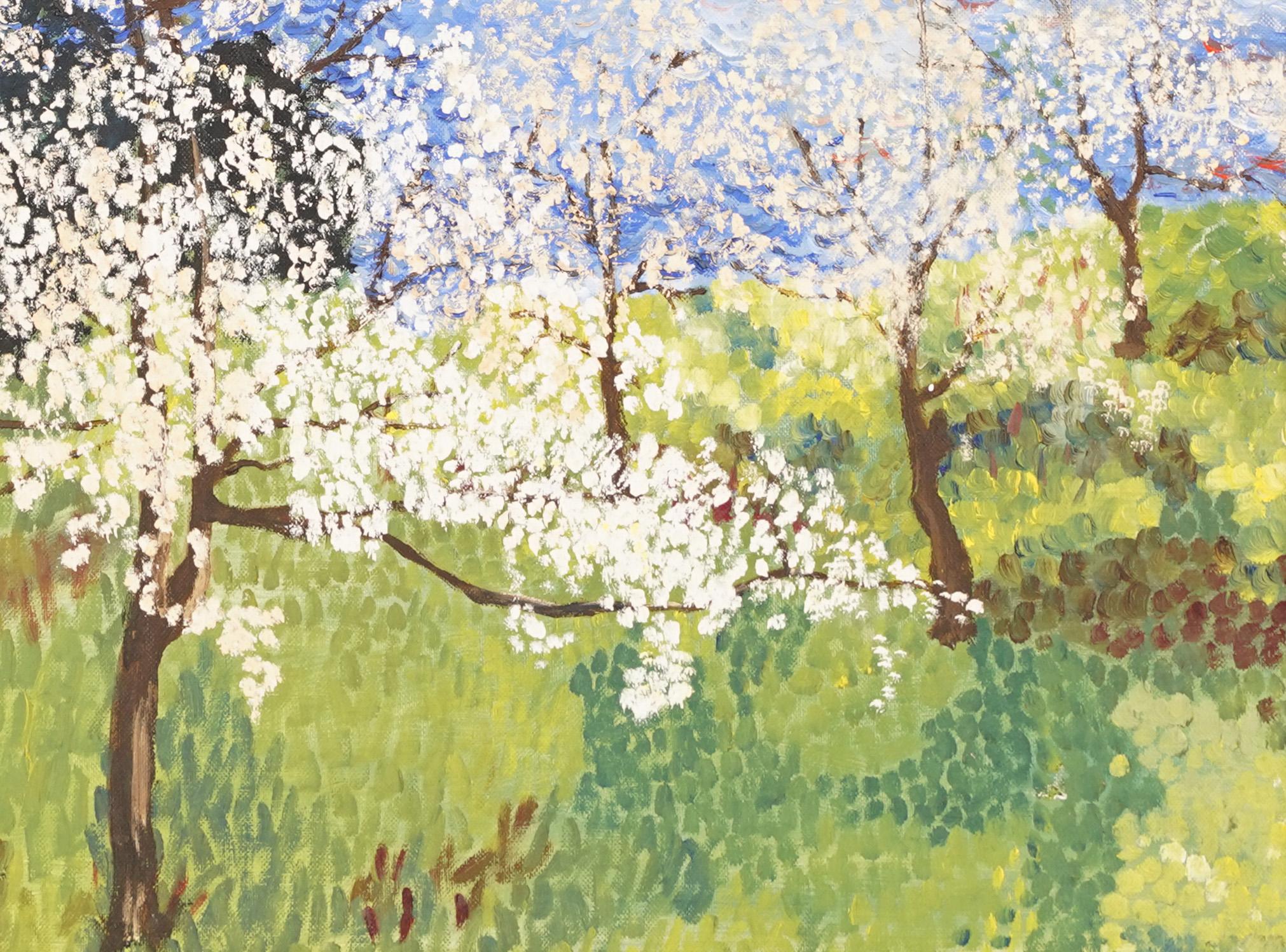 American Impressionist Cherry Blossom Pointillist Landscape Oil Painting For Sale 2