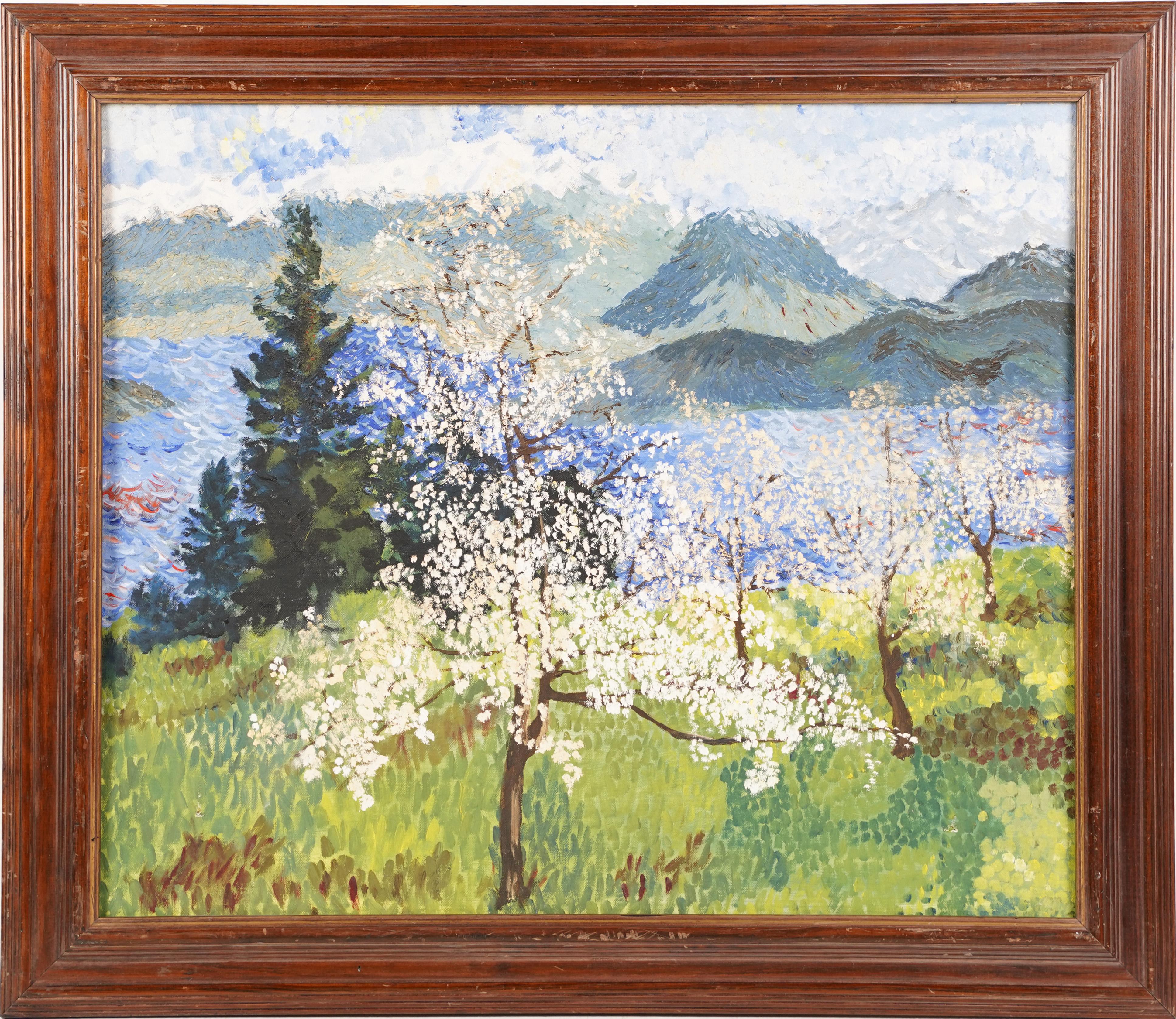 Landscape Painting Unknown - Peinture à l'huile impressionniste américaine de paysage pointilliste de fleurs de cerisier
